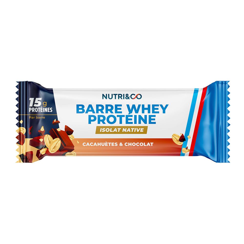 Barre protéinée emballée. Emballage bleu et blanc avec nom du produit et saveur. Contient 15g de protéines.