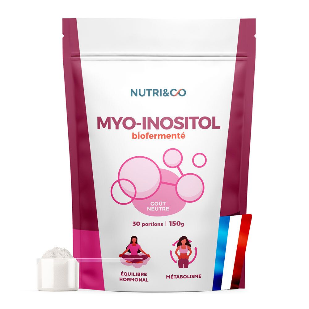 Sachet rose et blanc. Inscription: MYO-INOSITOL, biofermenté, goût neutre. 30 portions, 150g. Drapeau français et illustrations.