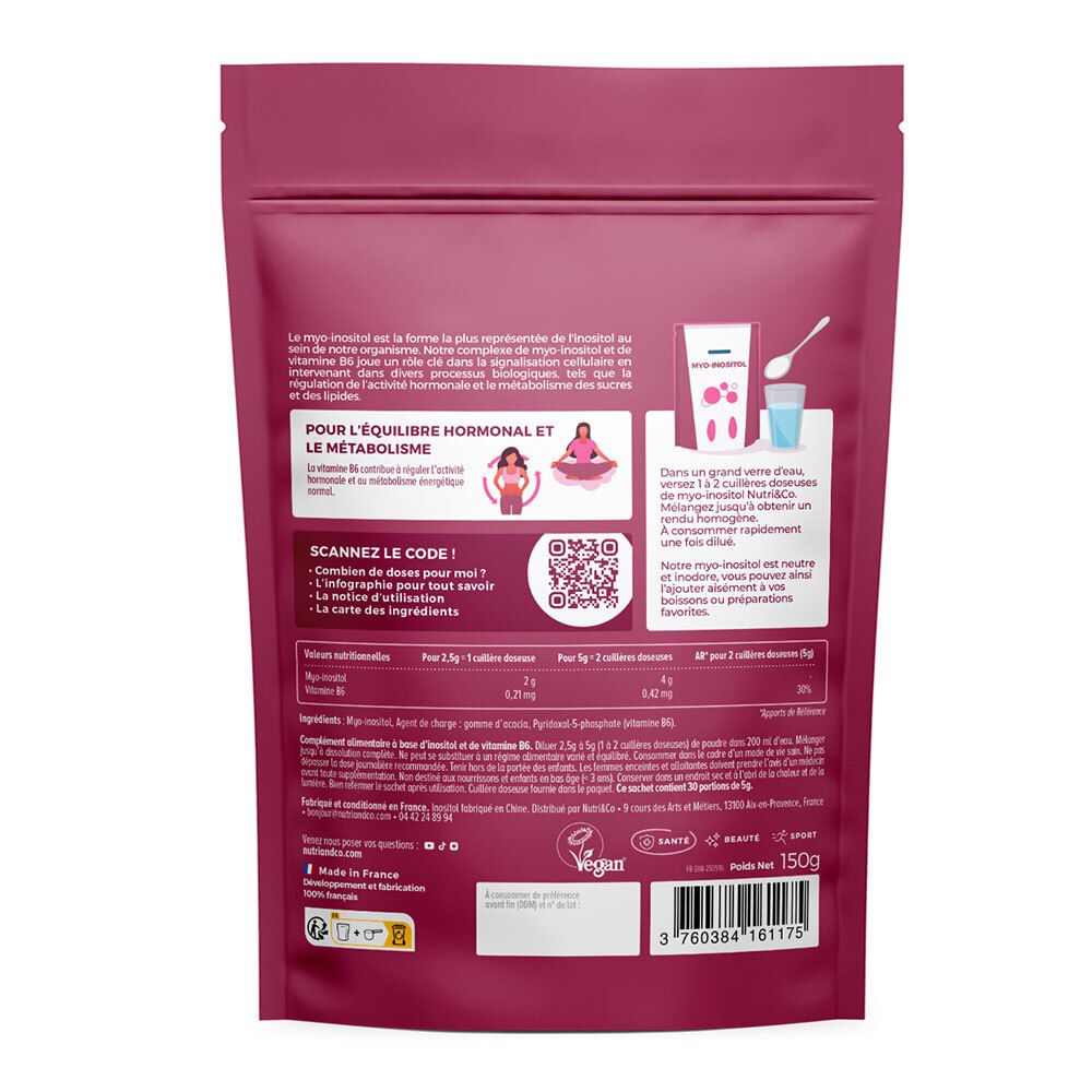 Dos du sachet rose. Texte sur le myo-inositol et le métabolisme. Code QR à scanner. Informations nutritionnelles. Logo vegan.