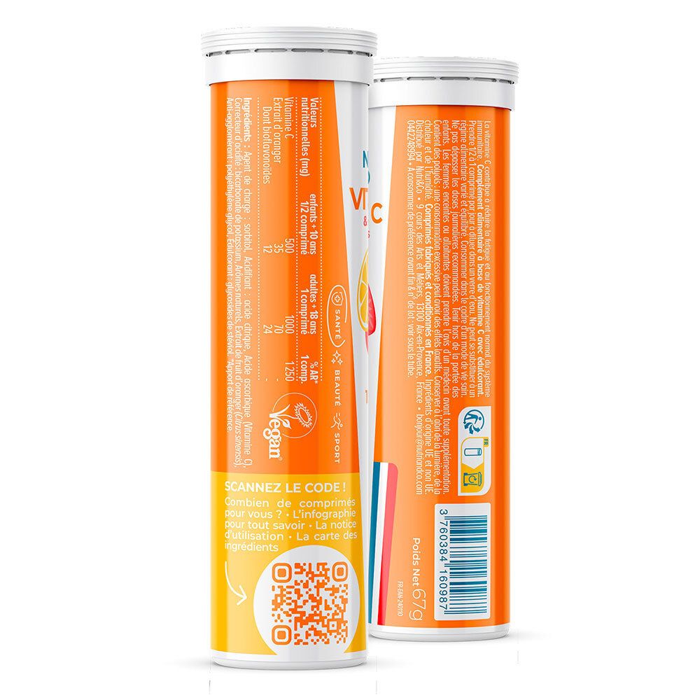 Dos de la tube blanche. Ingrédients, QR code, label Vegan. Drapeau français.