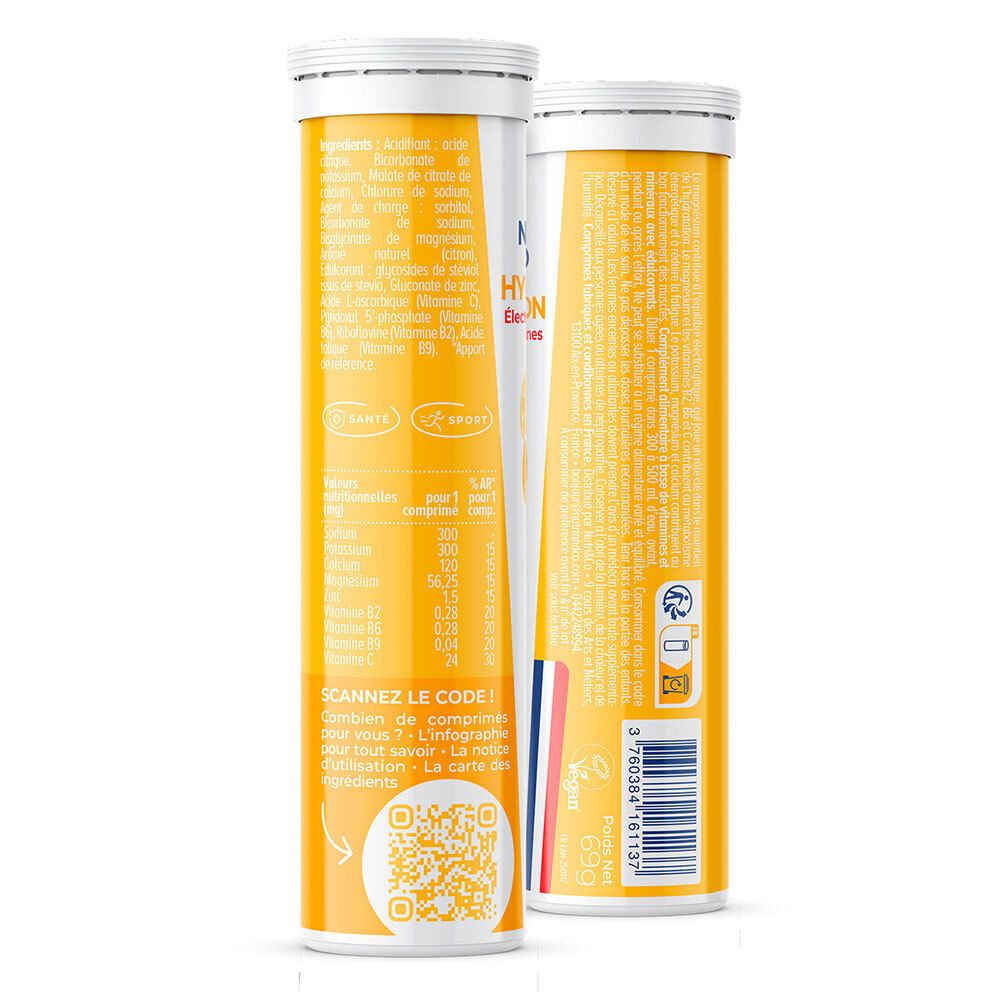 Deux tubes. Inscriptions: ingrédients, informations nutritionnelles, code QR. Dos jaune avec texte. Logo vegan et drapeau français.