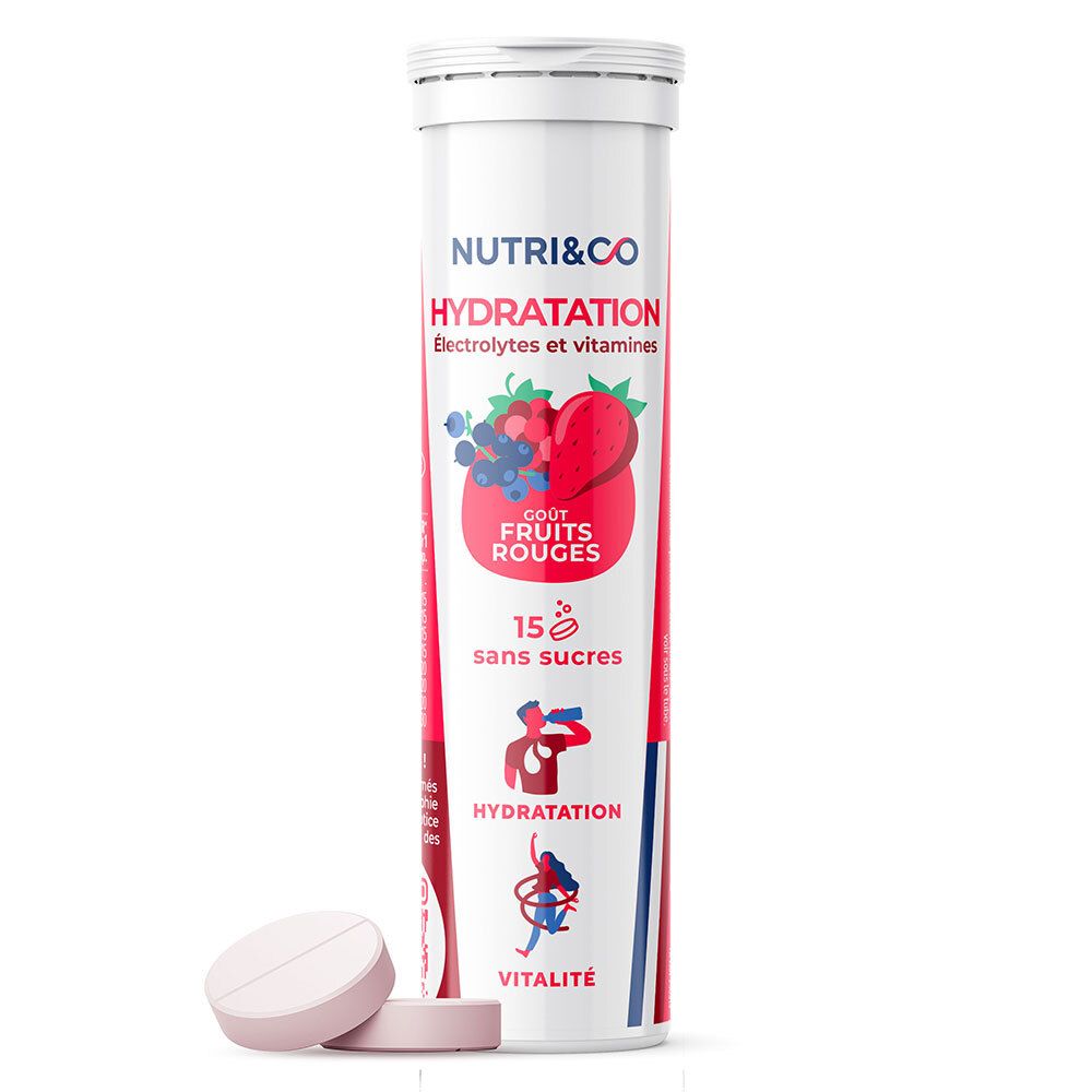 Tube blanche NUTRI & CO Hydratation. Illustration fraise et myrtille. 15 comprimés, sans sucre. Deux comprimés à côté.