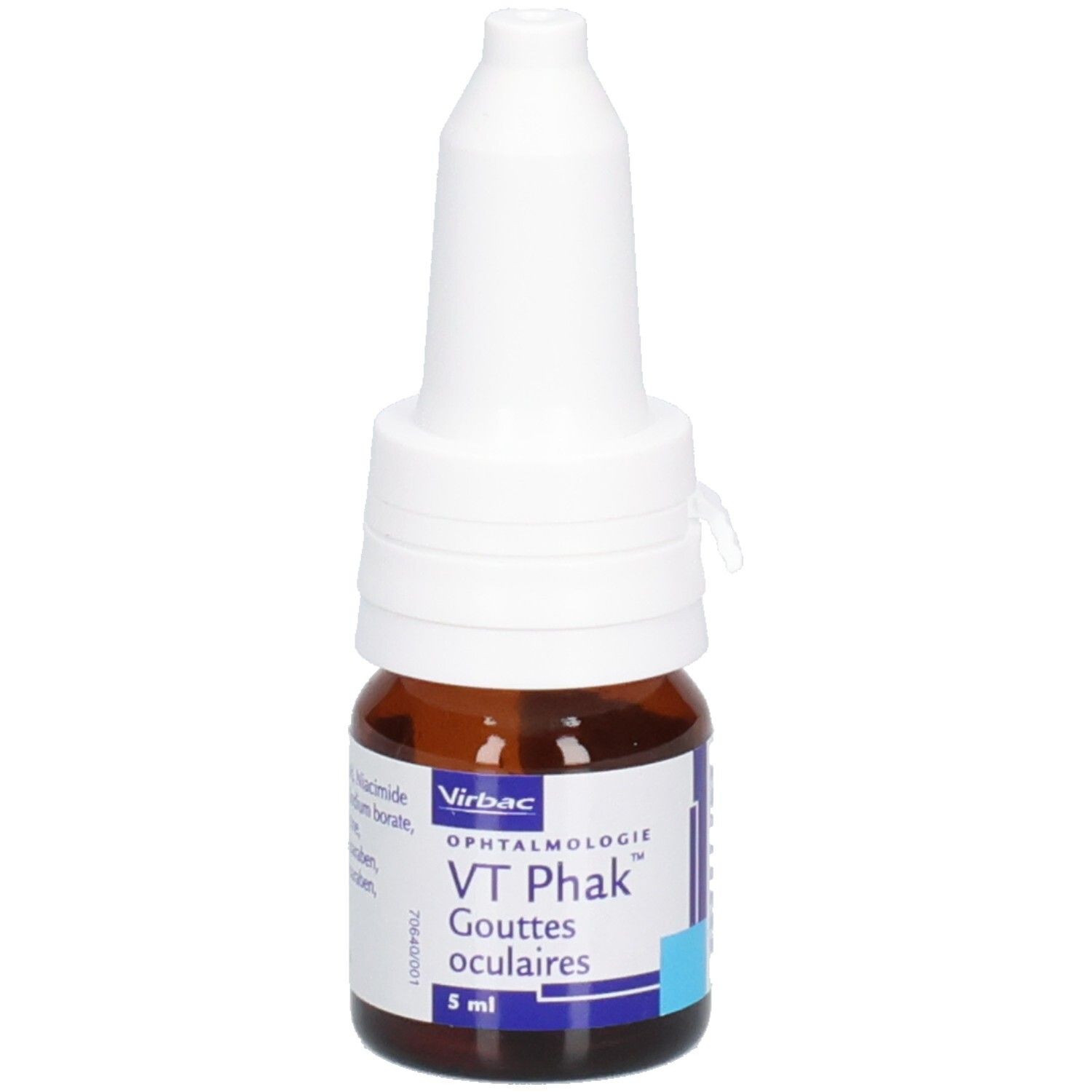 Flacon brun avec bouchon blanc. Inscription: VT Phak, Gouttes oculaires, 5 ml. Marque: Virbac.