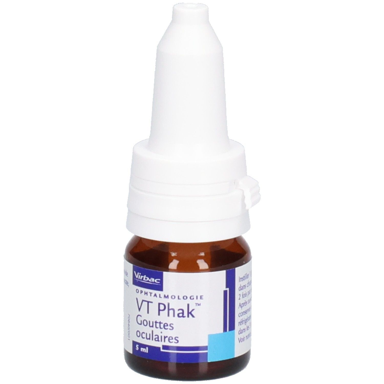 Flacon brun avec bouchon blanc. Inscription: VT Phak, Gouttes oculaires, 5 ml. Marque: Virbac.