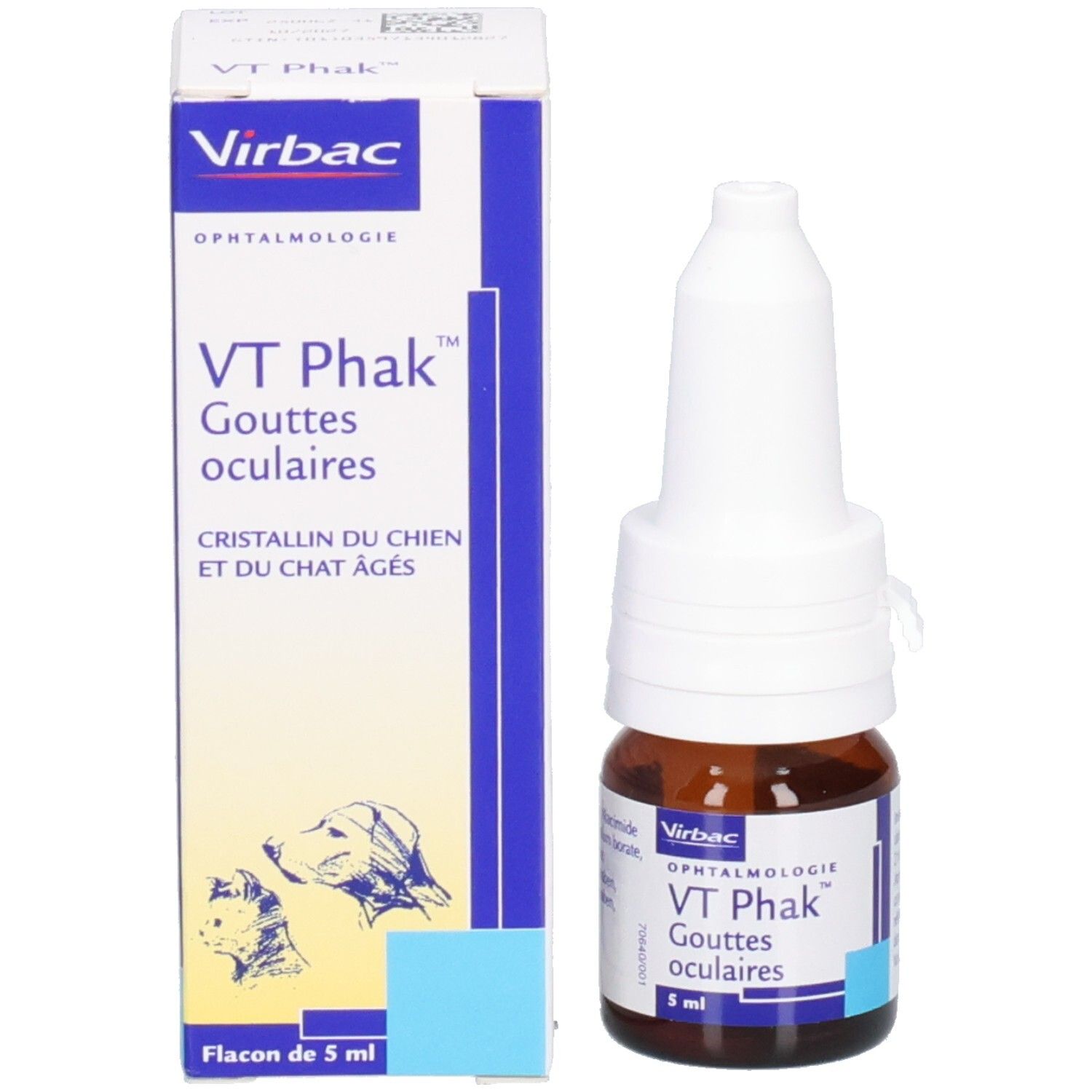Produit et emballage. Flacon brun avec bouchon blanc et boîte. Inscription: VT Phak, Gouttes oculaires, 5 ml. Marque: Virbac.