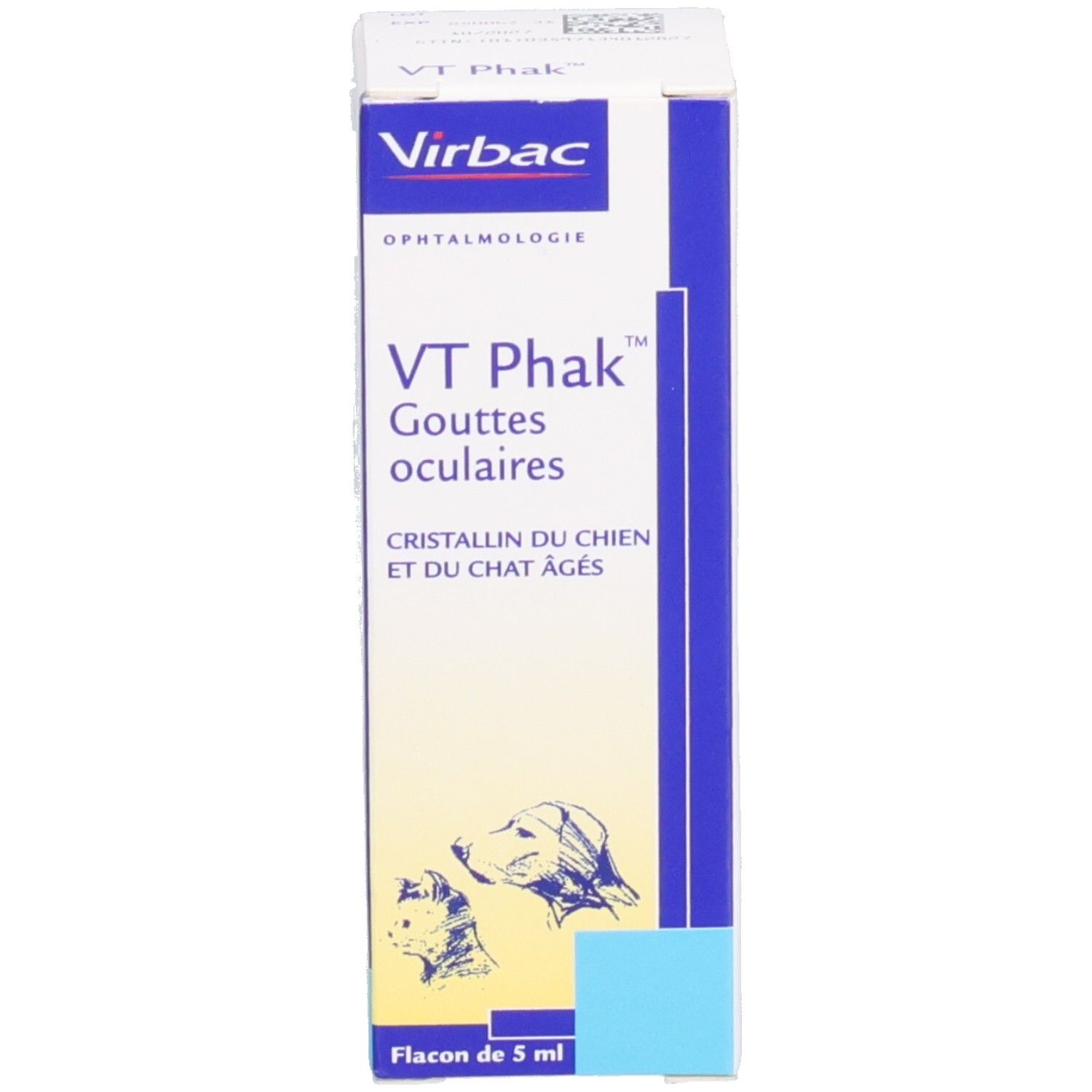 Emballage carton. Inscription: VT Phak, Gouttes oculaires, 5 ml. Marque: Virbac. Illustration: chien et chat.