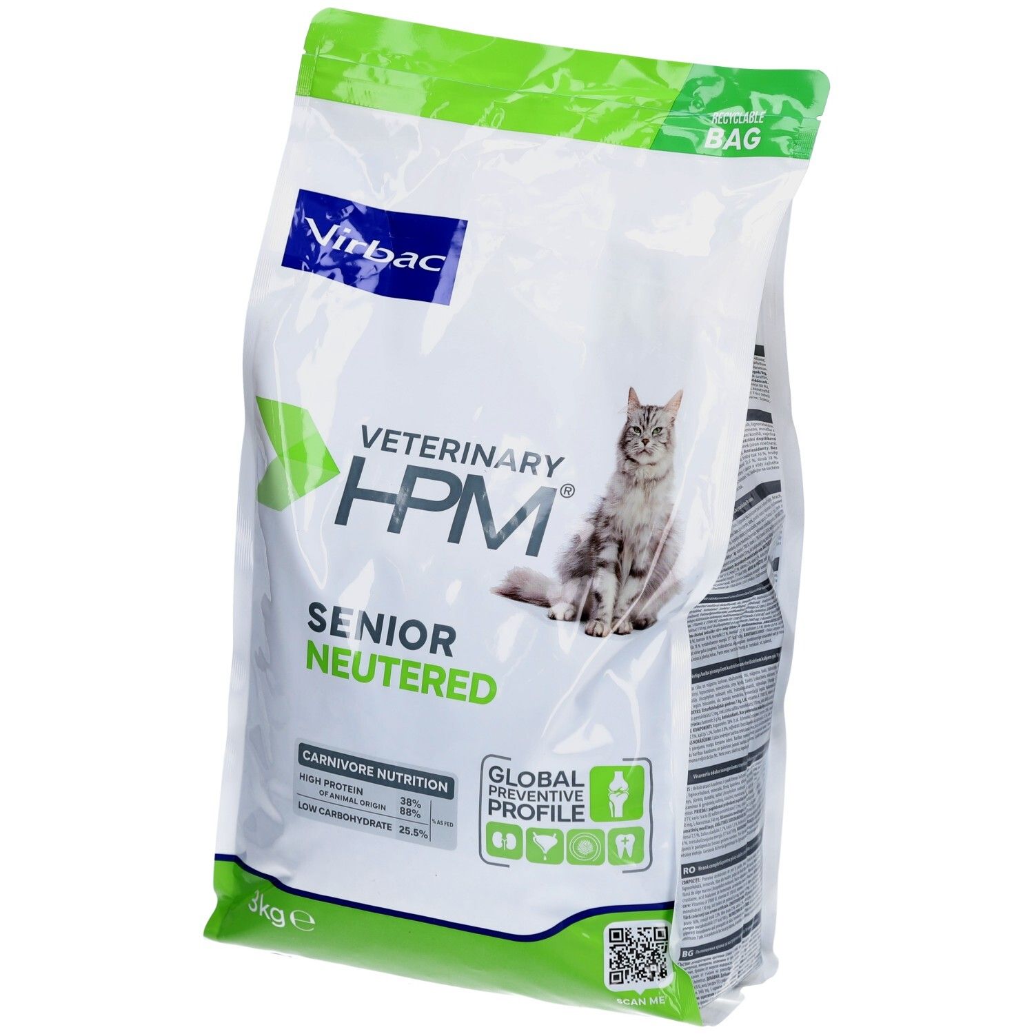 Sac de nourriture pour chats. Inscription: Veterinary HPM Senior Neutered. Marque Virbac. 3kg.