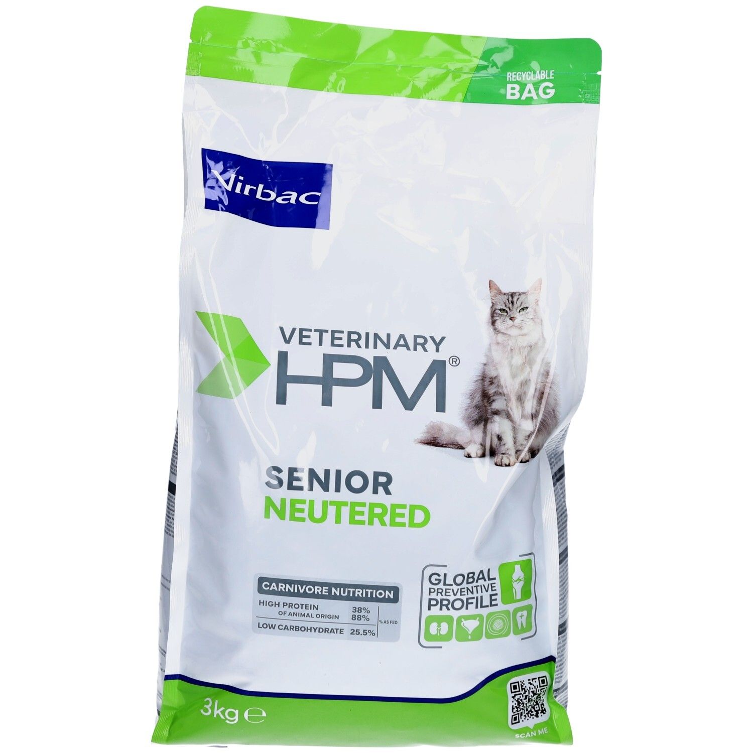 Sac de nourriture pour chats. Inscription: Veterinary HPM Senior Neutered. Marque Virbac. Illustration de chat. 3kg.