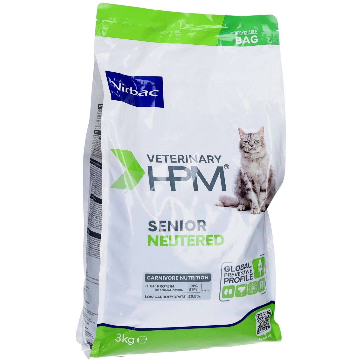Sac de nourriture pour chats. Inscription: Veterinary HPM Senior Neutered. Marque Virbac. Illustration de chat. 3kg.