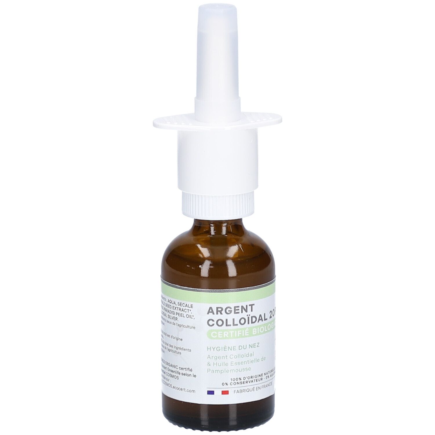 Flacon en verre brun avec pulvérisateur blanc. Inscription: Argent Colloïdal 20PPM, Certifié Biologique. Symbole du drapeau français.