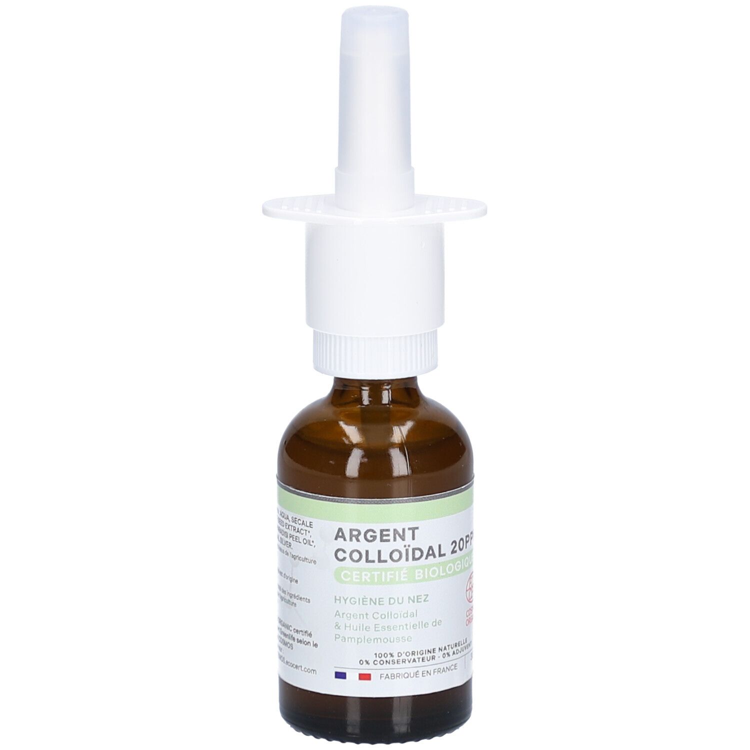 Flacon en verre brun avec pulvérisateur blanc. Inscription: Argent Colloïdal 20PPM, Certifié Biologique. Logo COSMOS ORGANIC.