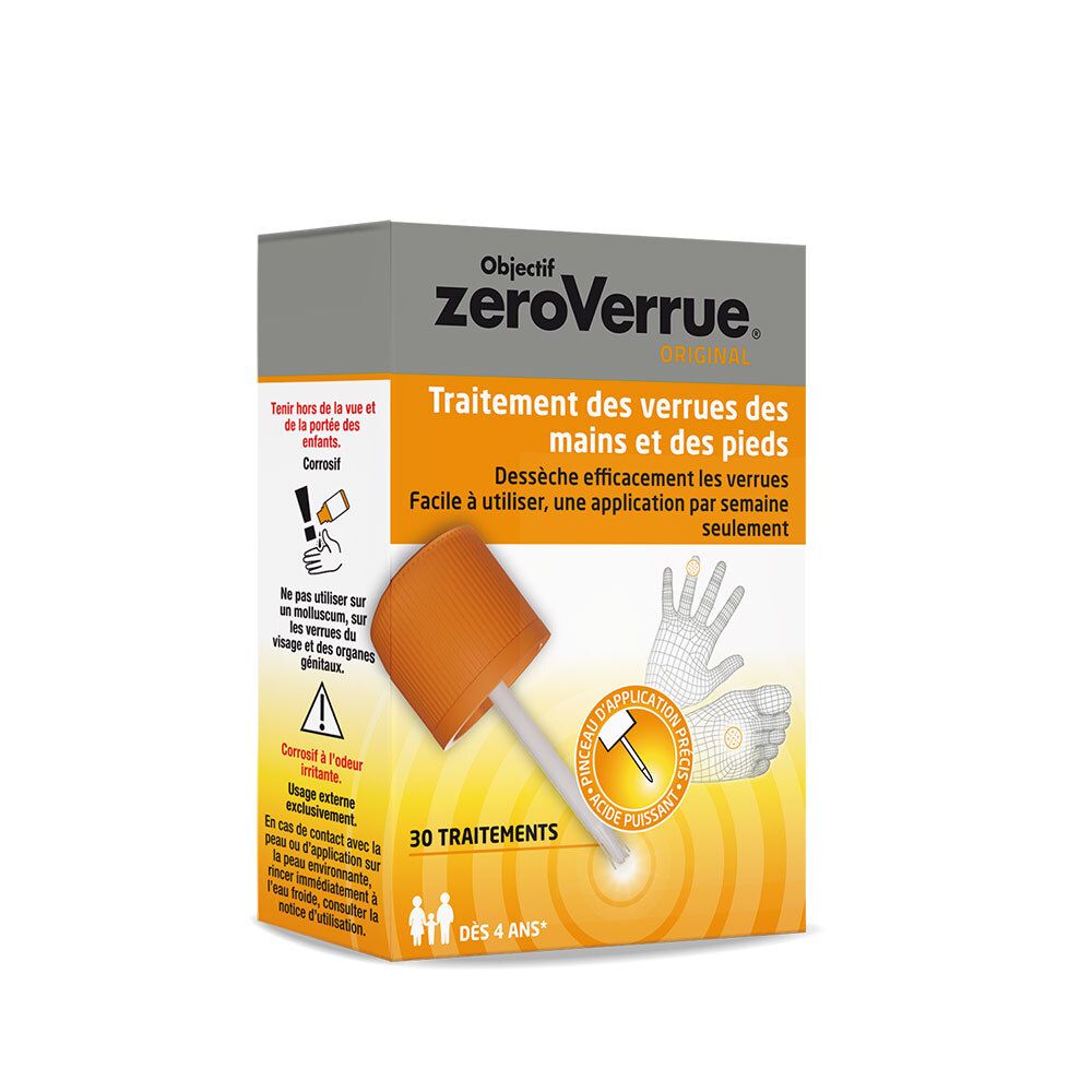 Boîte Objectif ZeroVerrue. Avertissements. Traitement des verrues mains et pieds. 30 traitements. Appareil applicateur.