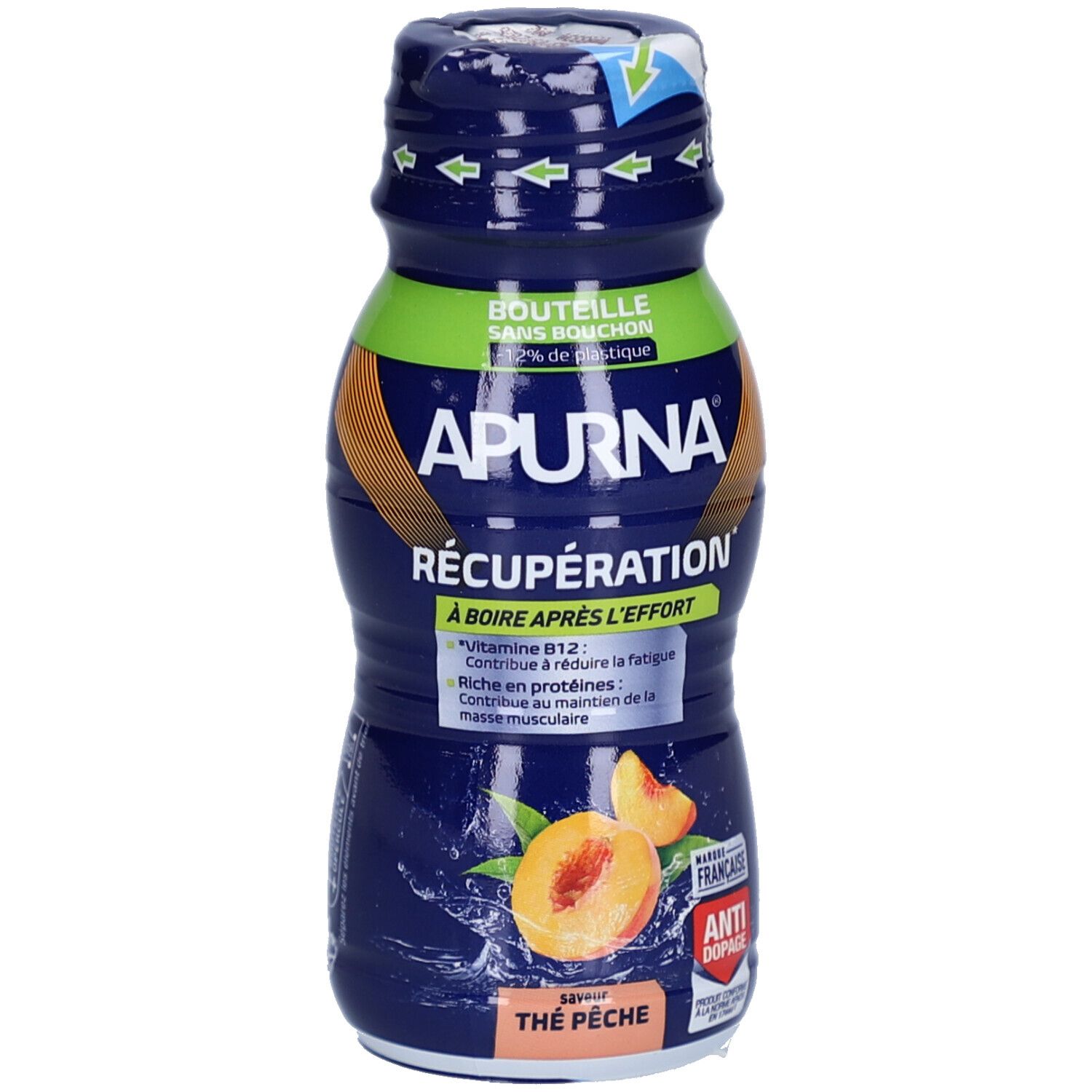 Boisson Apurna Récupération Après l'Effort Thé Pêche dans une bouteille bleue.