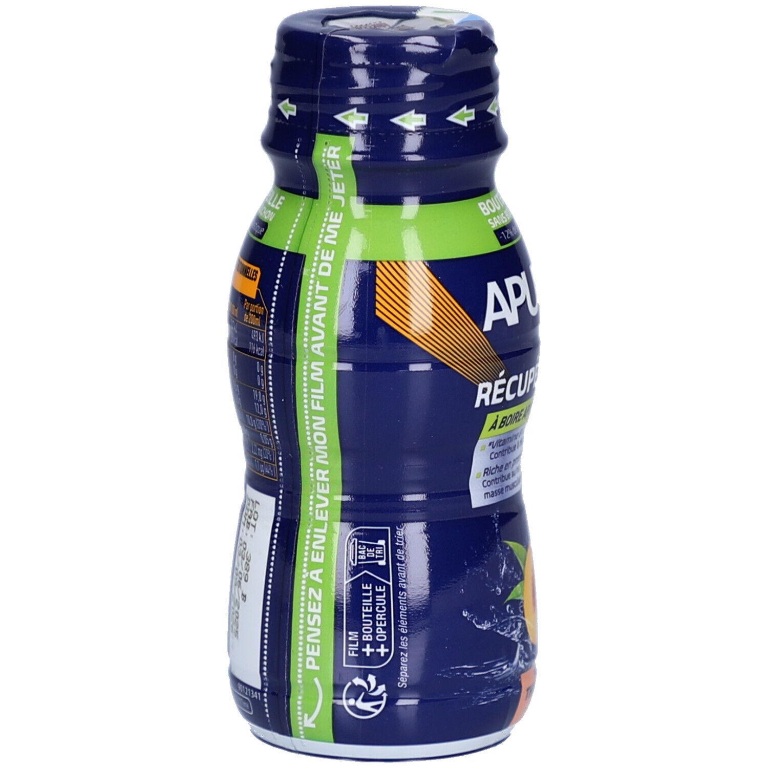 Arrière d'une bouteille bleue Apurna Récupération Après l'Effort Thé Pêche.