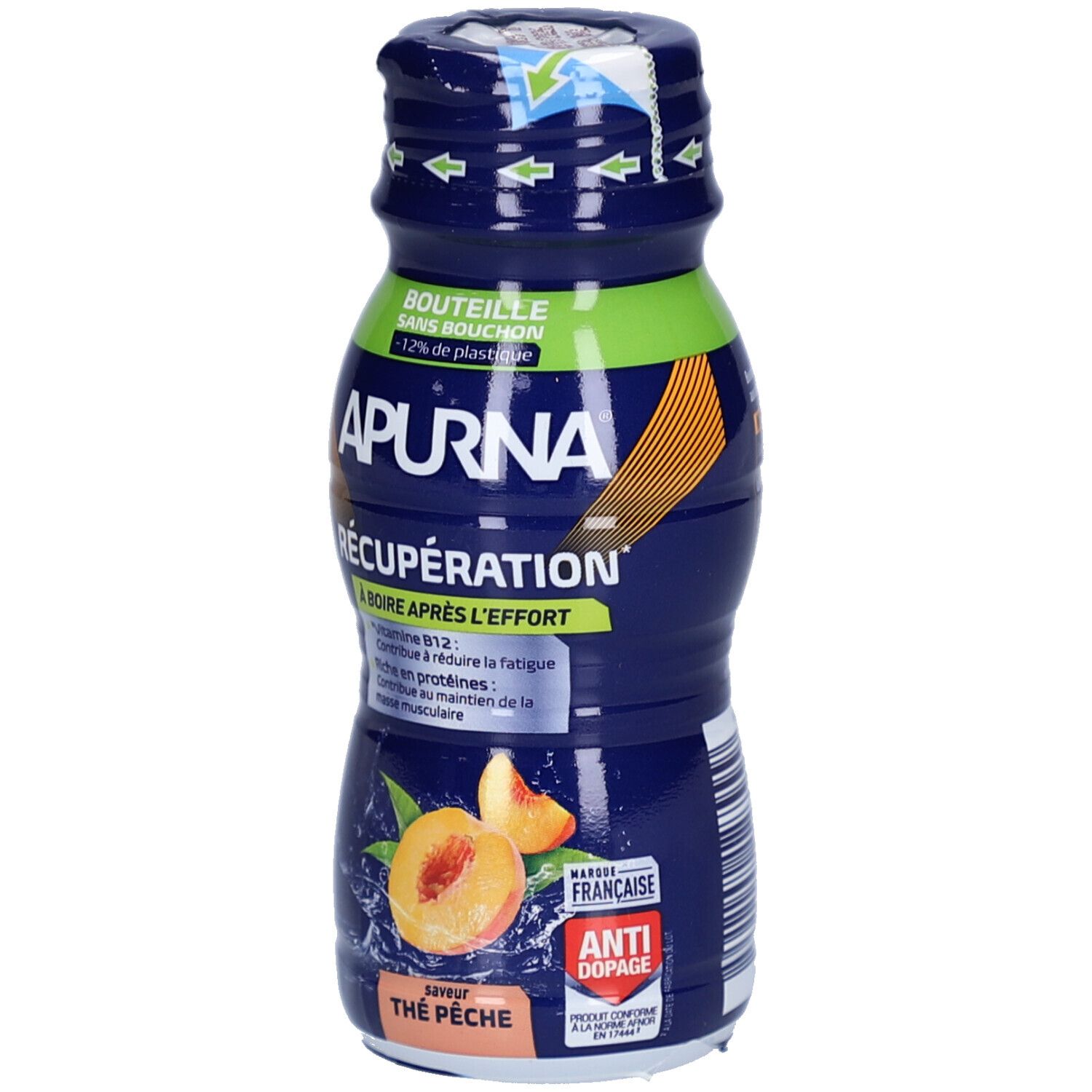 Boisson Apurna Récupération Après l'Effort Thé Pêche en bouteille bleue avec image de pêche.