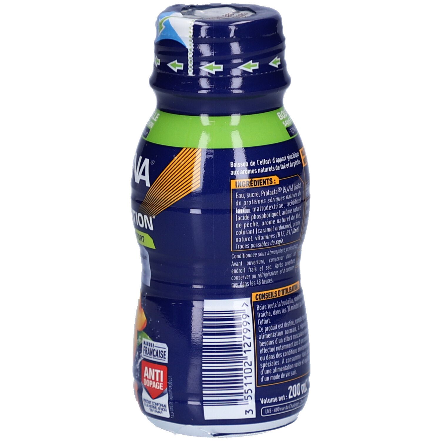 Arrière d'une bouteille bleue Apurna Récupération Après l'Effort Thé Pêche avec liste d'ingrédients.
