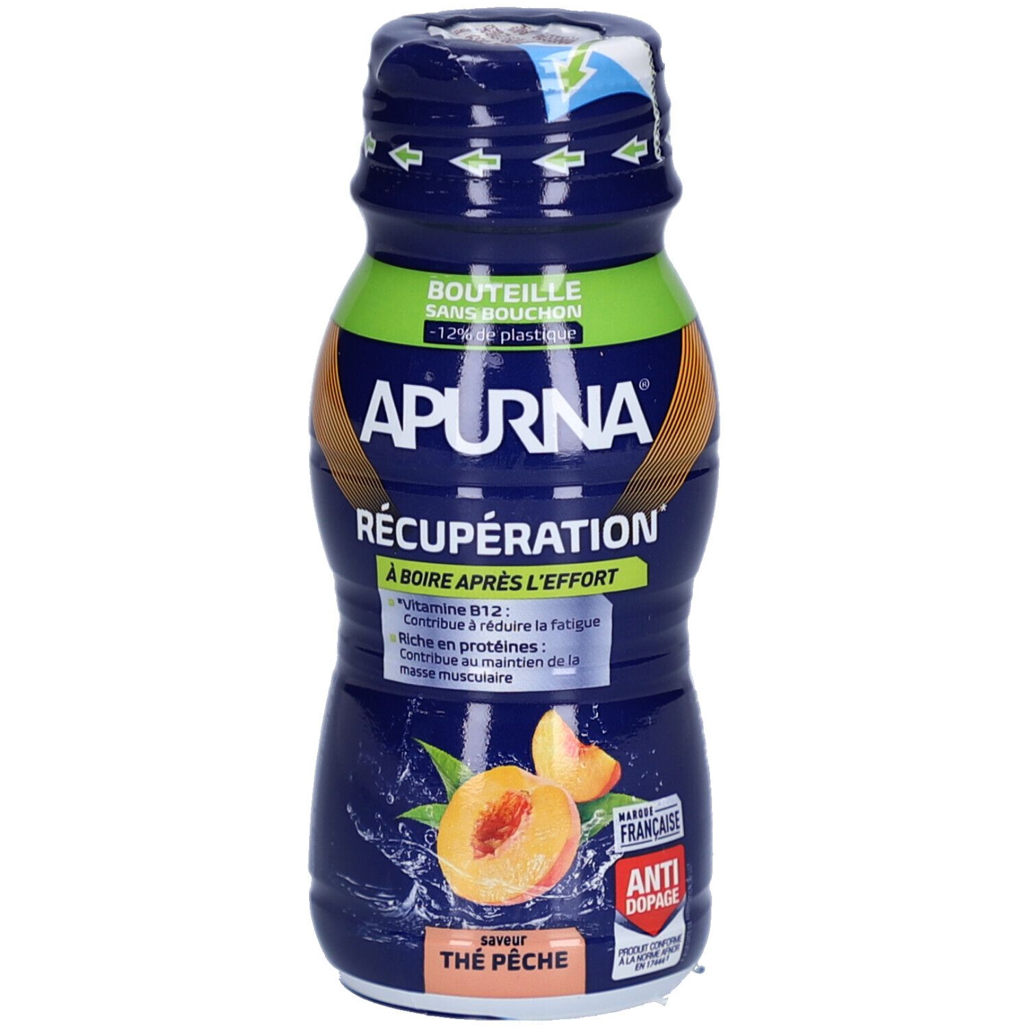 Boisson Apurna Récupération Après l'Effort Thé Pêche en bouteille bleue avec image de pêche et sceau anti-dopage.