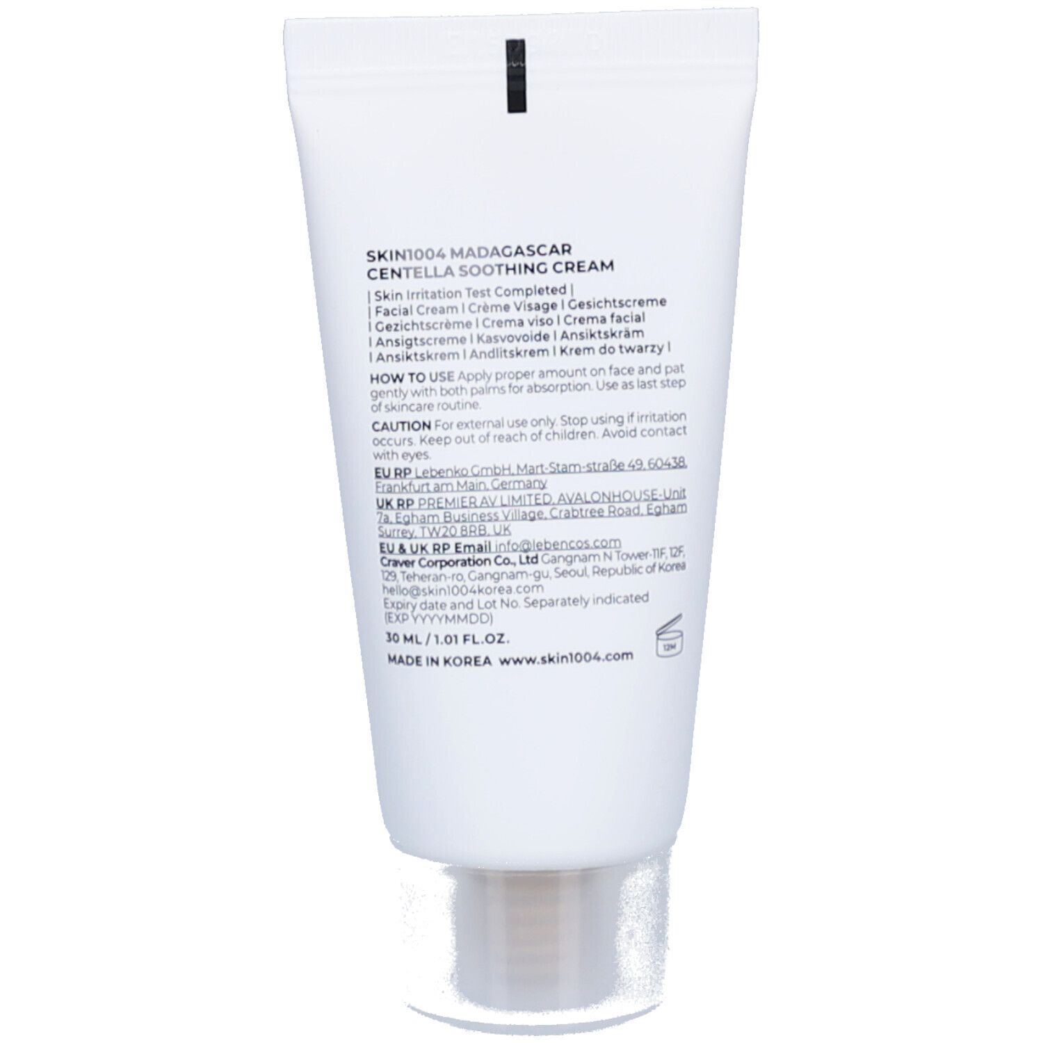 Dos du tube blanc. Texte: SKIN1004 MADAGASCAR CENTELLA SOOTHING CREAM. Ingrédients, mode d'emploi, fabricant.