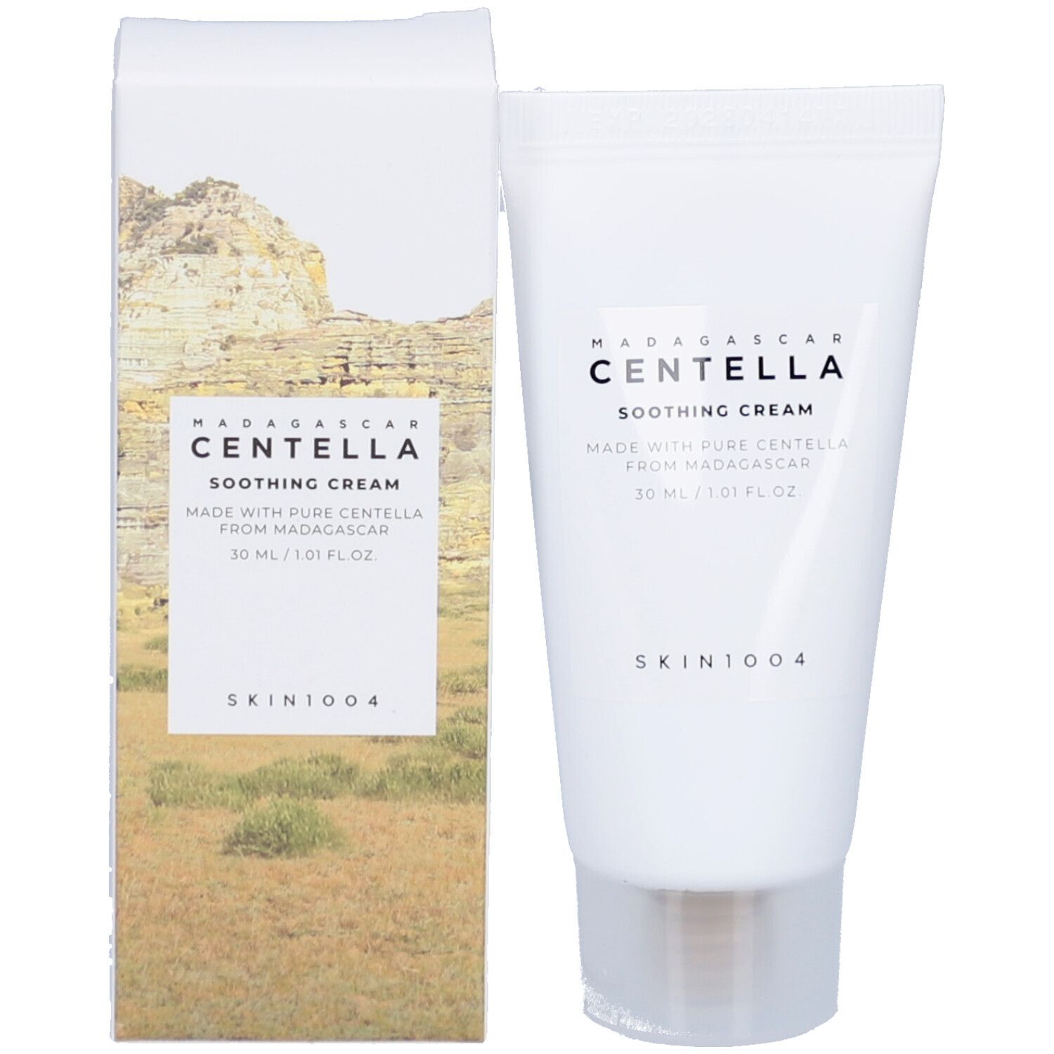 Emballage et tube. Emballage: blanc avec paysage. Tube: blanc avec nom du produit CENTELLA SOOTHING CREAM.