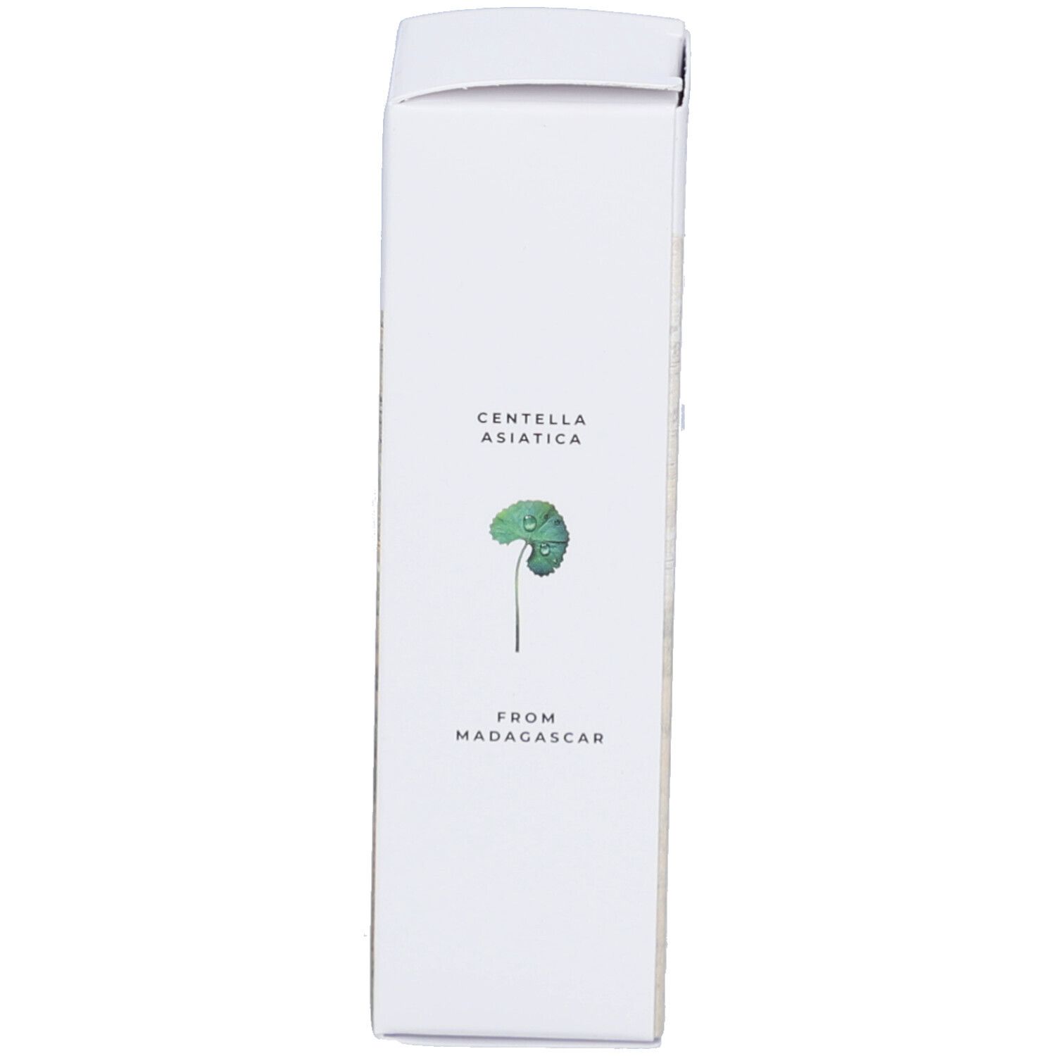 Emballage blanc, côté avec texte: CENTELLA ASIATICA FROM MADAGASCAR et une illustration.
