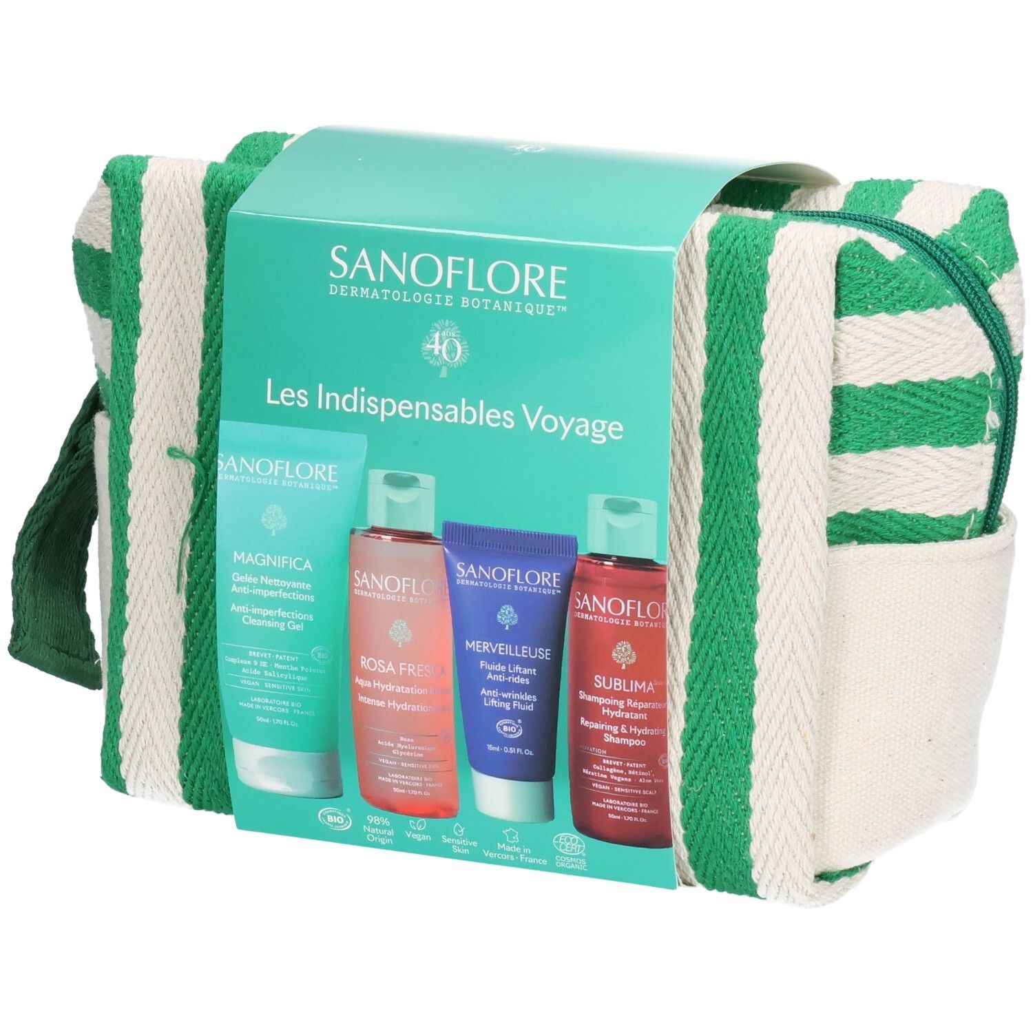Trousse de voyage rayée vert et blanc. Contient quatre produits cosmétiques. Emballage avec nom et logo du produit.