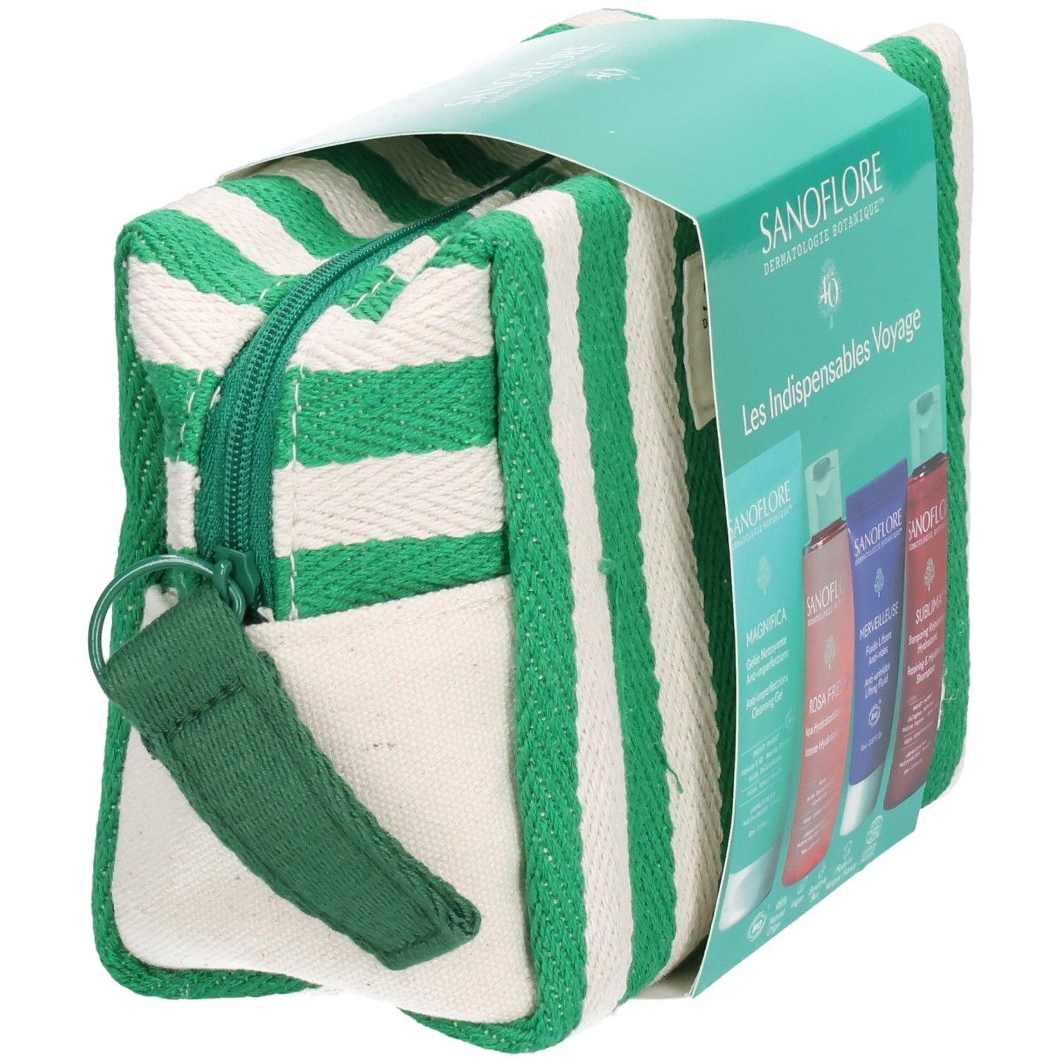 Trousse en tissu rayé vert et blanc. Fermeture éclair et boucle de transport. Emballage du produit visible.