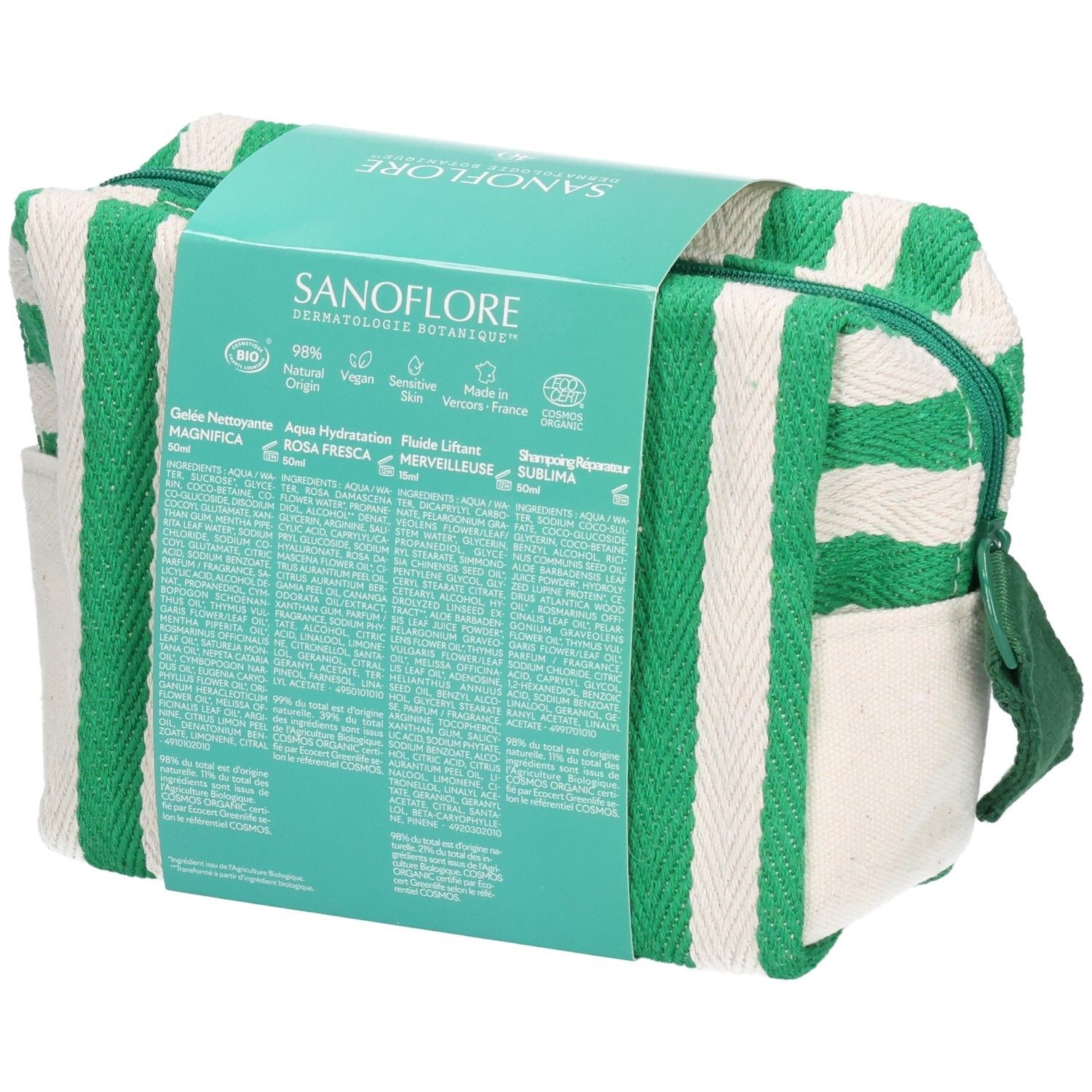 Trousse en tissu rayé vert et blanc. Informations produit au dos. Fermeture éclair et boucle de transport.
