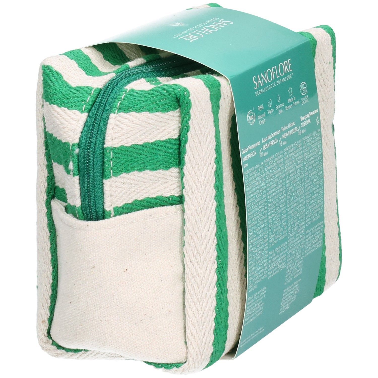 Trousse en tissu rayé vert et blanc. Fermeture éclair, poche extérieure et boucle de transport. Emballage visible.