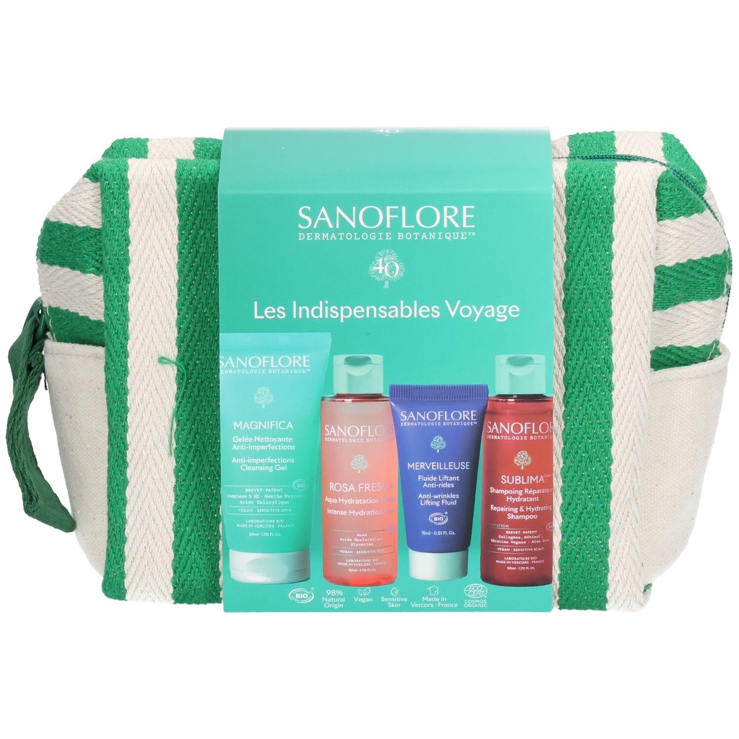 Trousse de voyage rayée vert et blanc. Contient quatre produits cosmétiques. Emballage avec nom et logo.