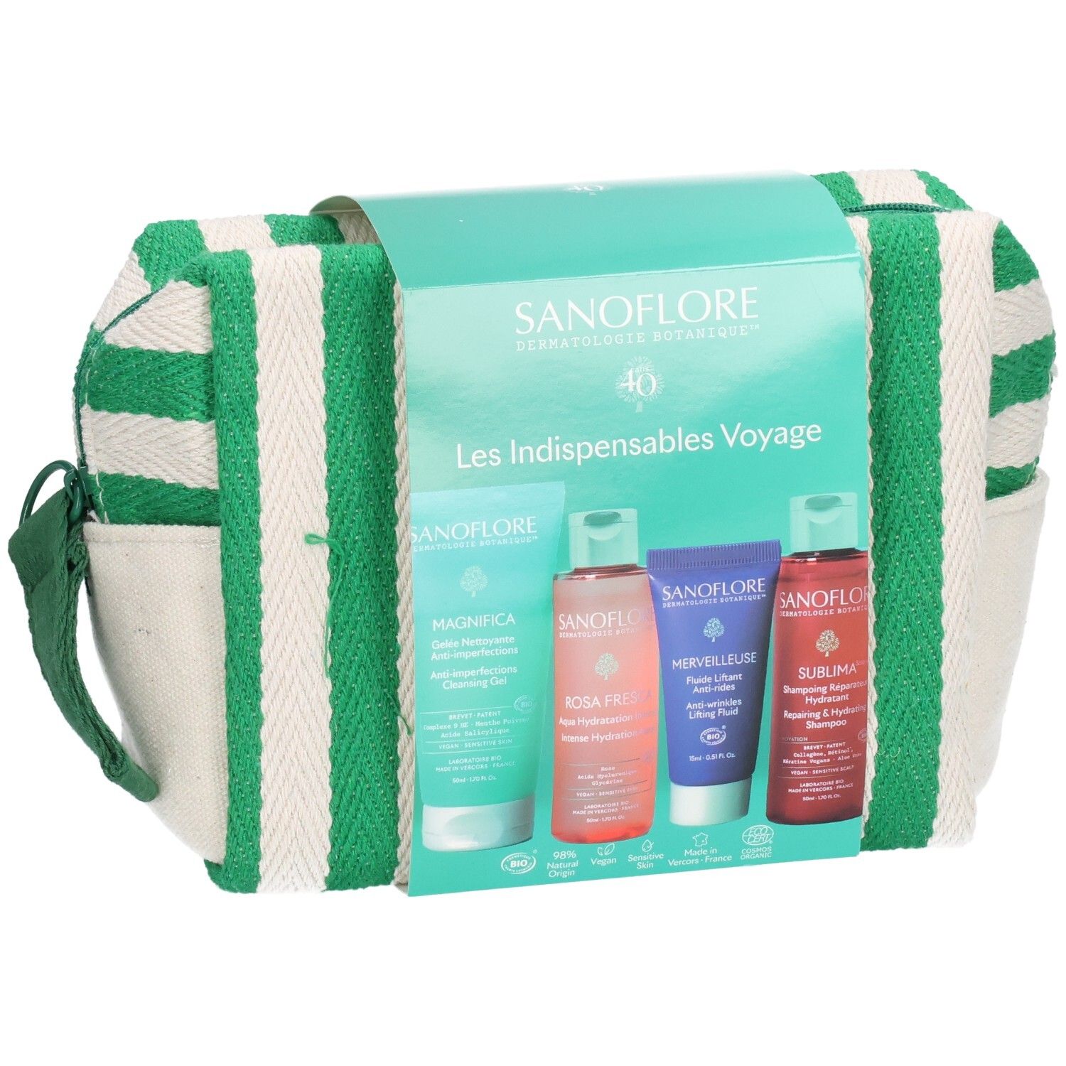 Trousse de voyage rayée vert et blanc. Contient quatre produits cosmétiques. Emballage avec nom et logo.