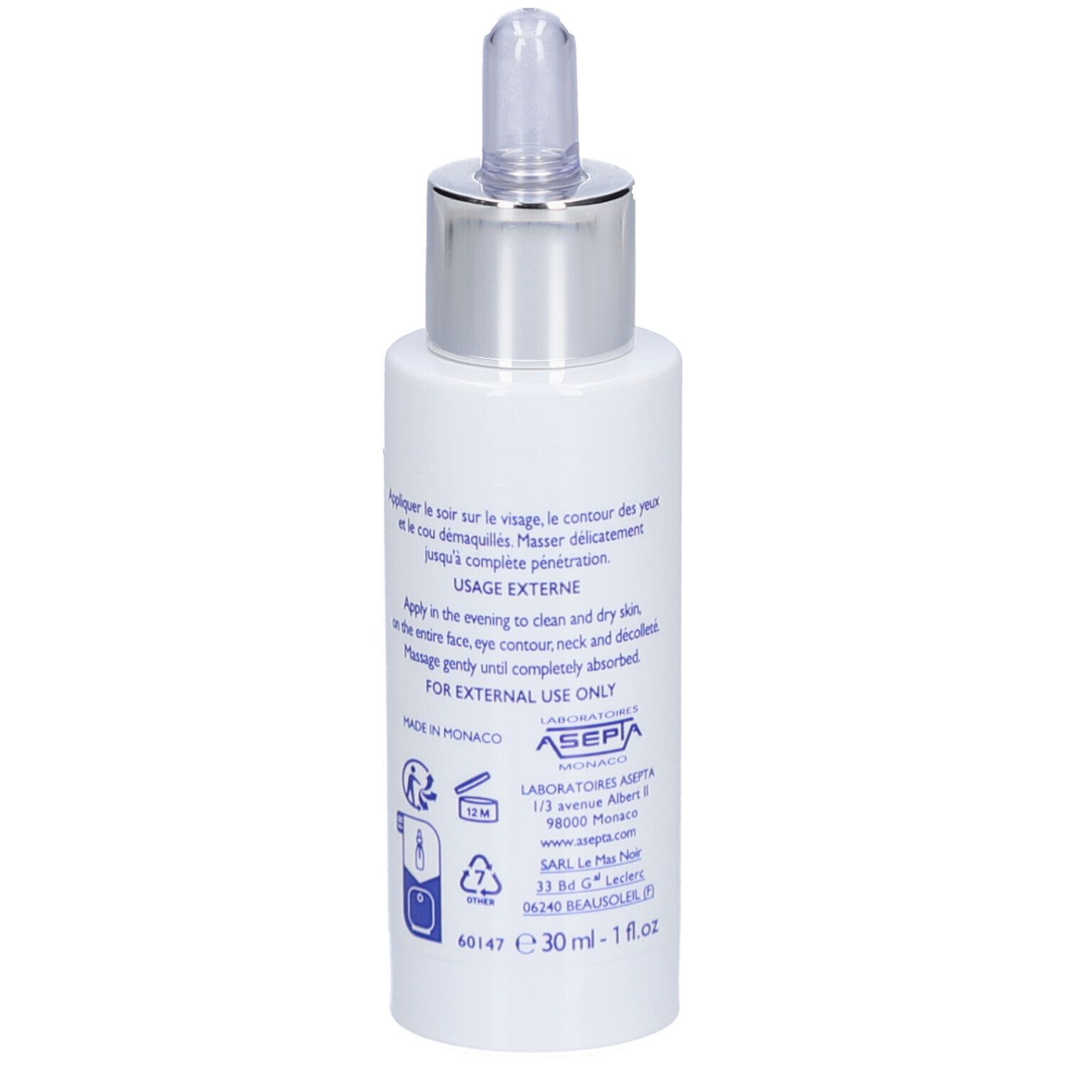 Arrière d'un flacon avec pipette, emballage blanc avec inscription bleue et instructions d'utilisation.