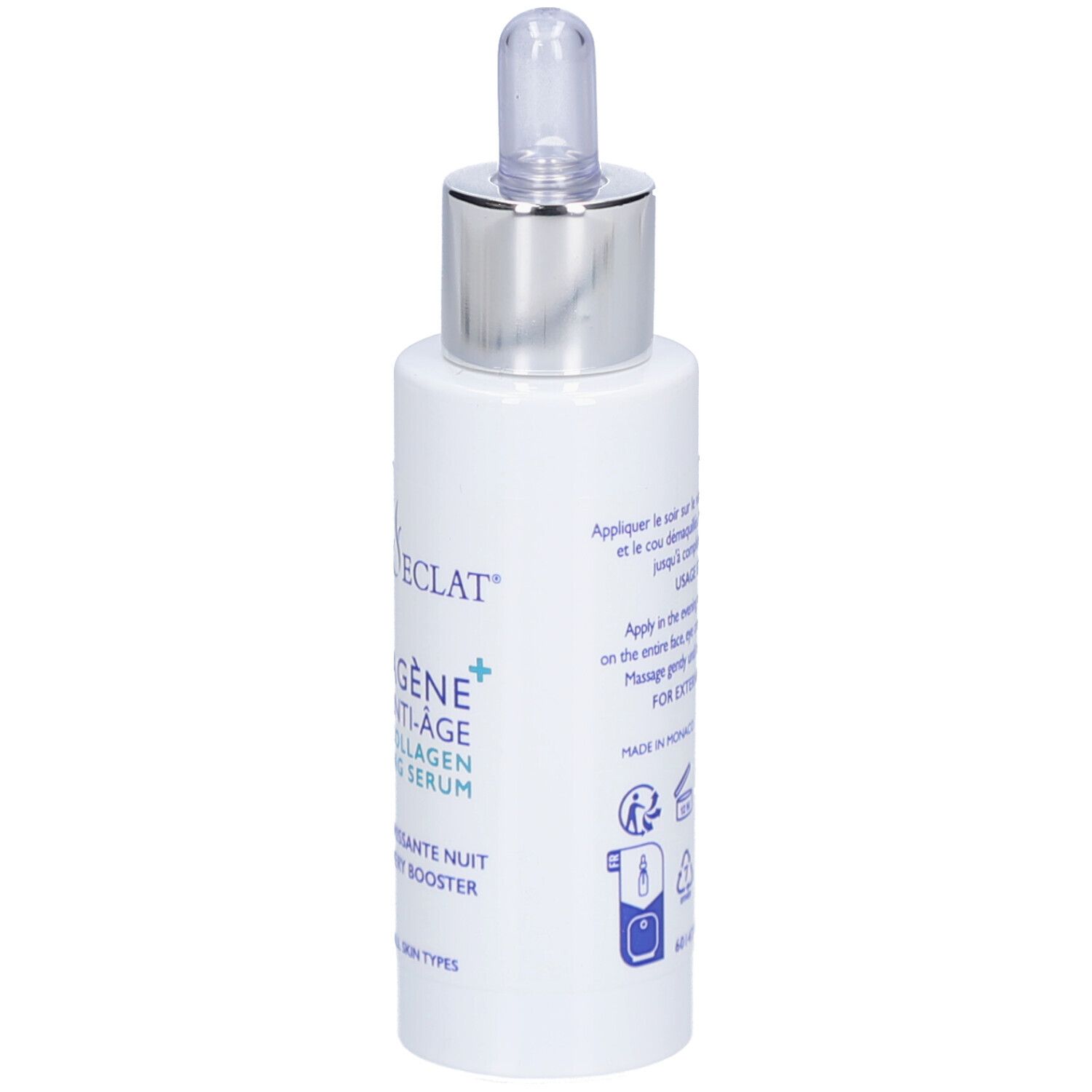 Flacon avec bouchon compte-gouttes, emballage blanc avec inscription bleue et verte, centré sur le nom du produit.