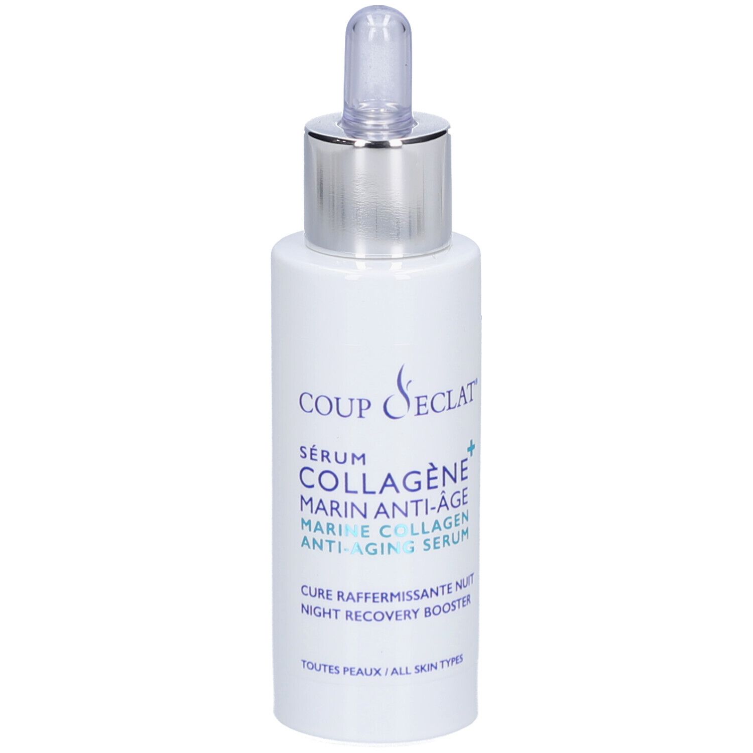 Flacon avec bouchon compte-gouttes, emballage blanc avec inscription bleue et verte, nom du produit 'Sérum Collagène'.