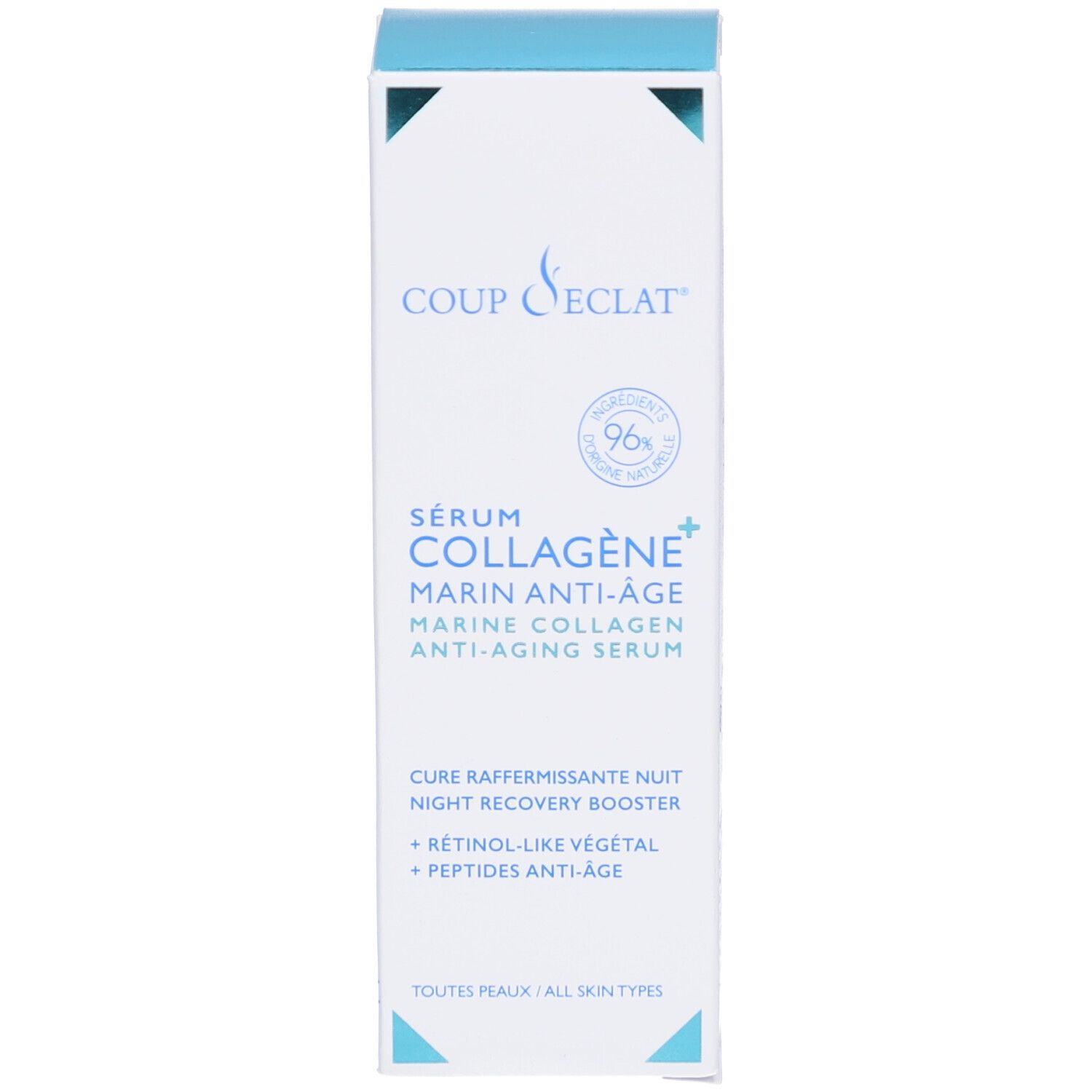 Boîte en carton avec inscription bleue et verte, 'Sérum Collagène', 'Anti-Aging Serum'.