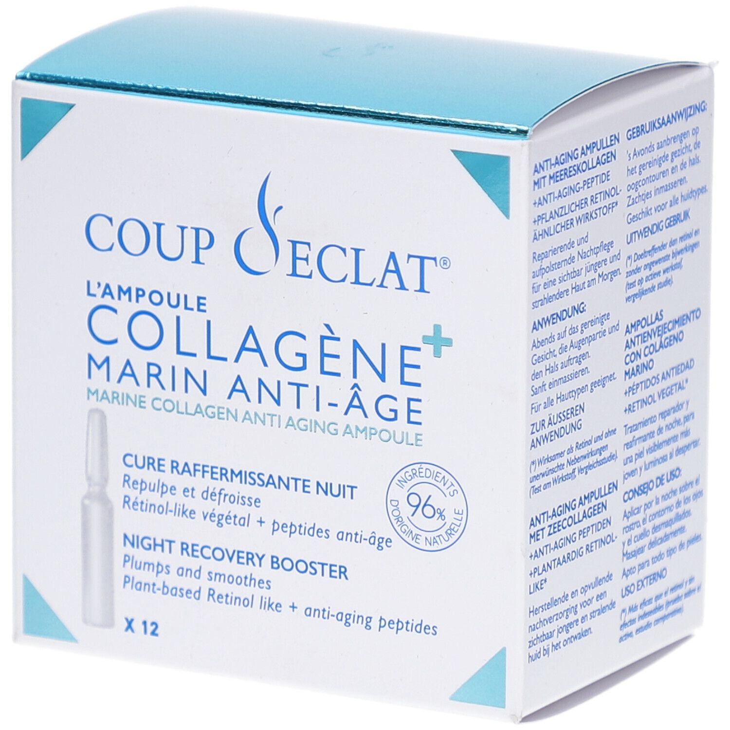 Boîte COUP-D-ECLAT AMP COLLAGENE+ 1ML 12. Emballage bleu et blanc. Contient des ampoules. Texte: Marine Anti-Âge.