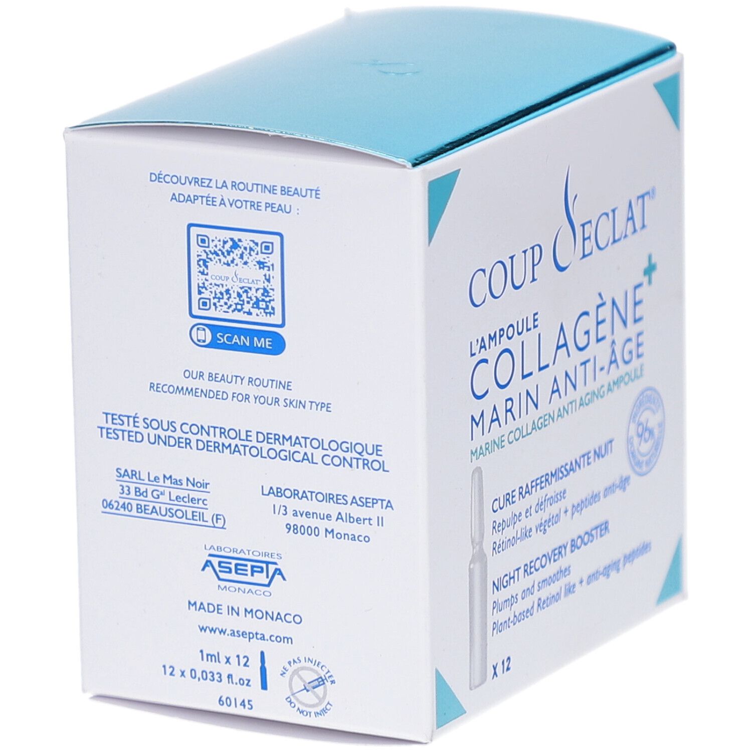 Dos de la boîte COUP-D-ECLAT AMP COLLAGENE+ 1ML 12. Contient du texte et un code QR. Testé dermatologiquement.
