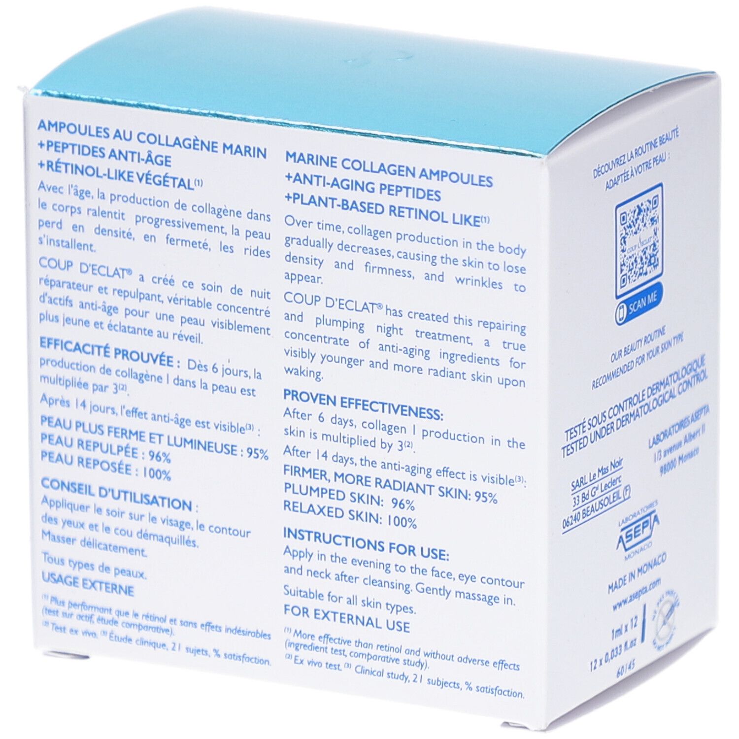 Dos de la boîte COUP-D-ECLAT AMP COLLAGENE+ 1ML 12. Texte sur les ingrédients et l'utilisation. Testé dermatologiquement.
