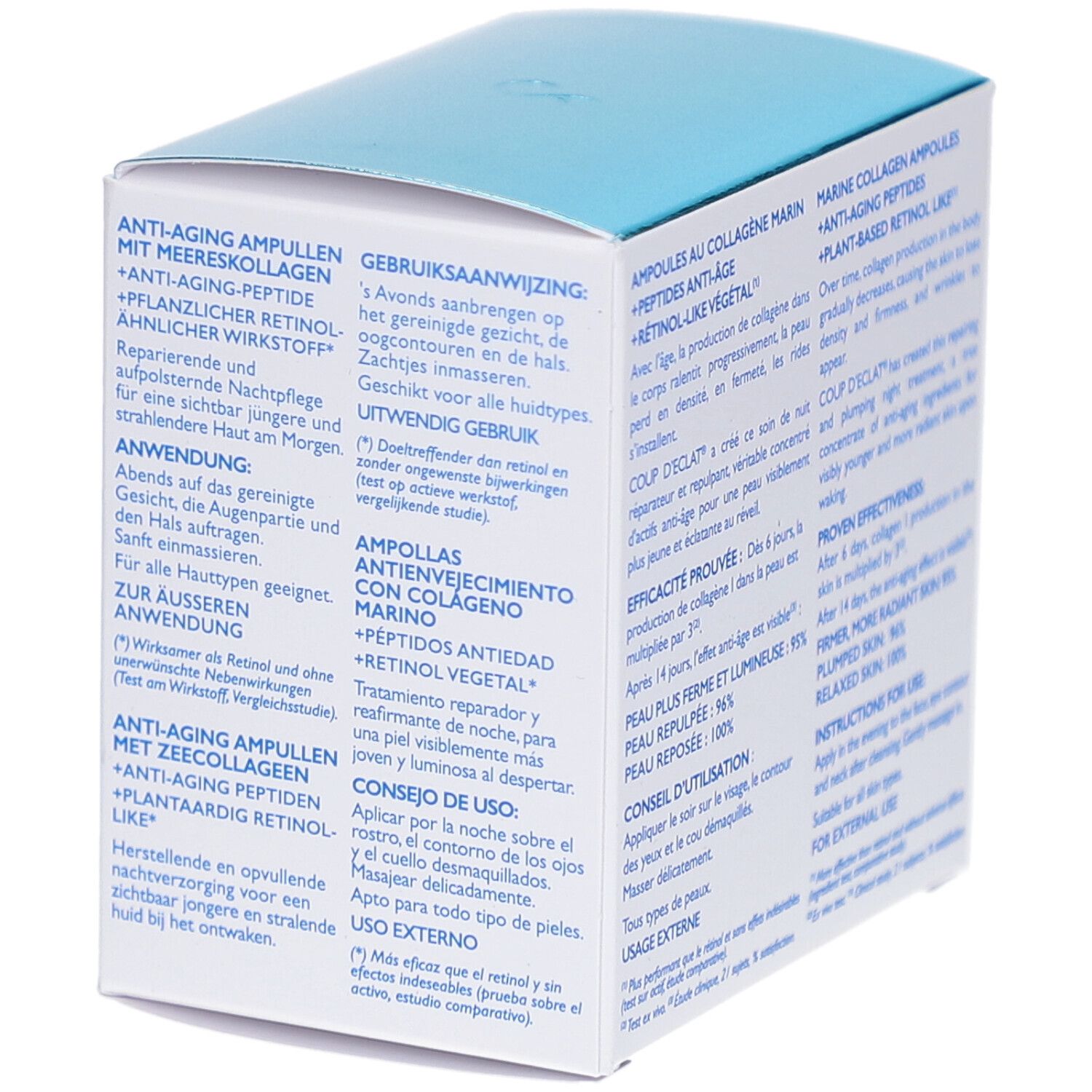 Vue latérale de la boîte COUP-D-ECLAT AMP COLLAGENE+ 1ML 12. Texte sur les ingrédients et l'utilisation. Multilingue.