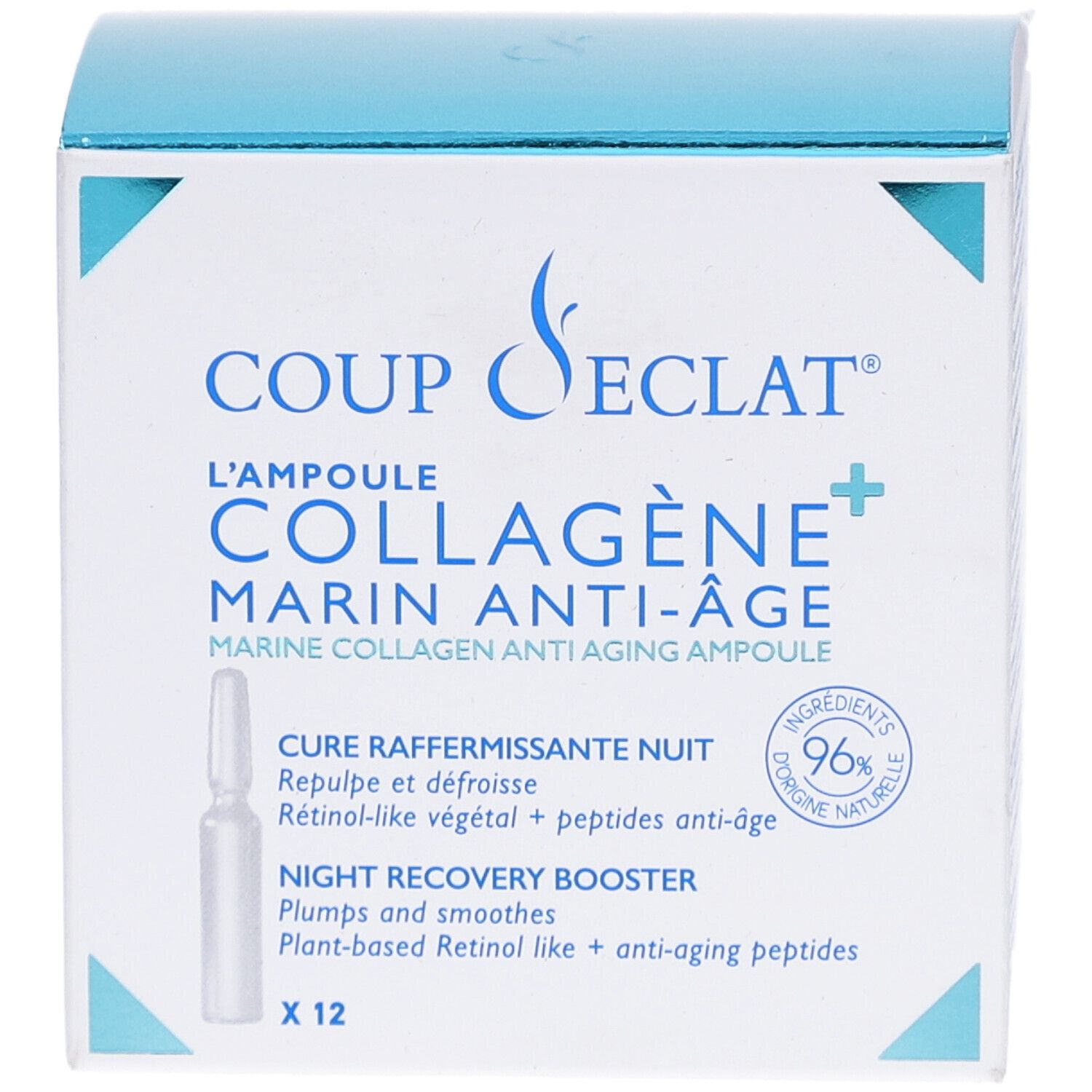Face avant de la boîte COUP-D-ECLAT AMP COLLAGENE+ 1ML 12. Contient une ampoule. Texte: Marine Anti-Âge.