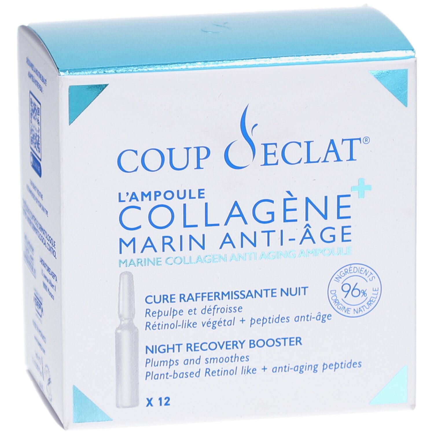 Vue en biais de la boîte COUP-D-ECLAT AMP COLLAGENE+ 1ML 12. Contient une ampoule. Texte: Marine Anti-Âge.
