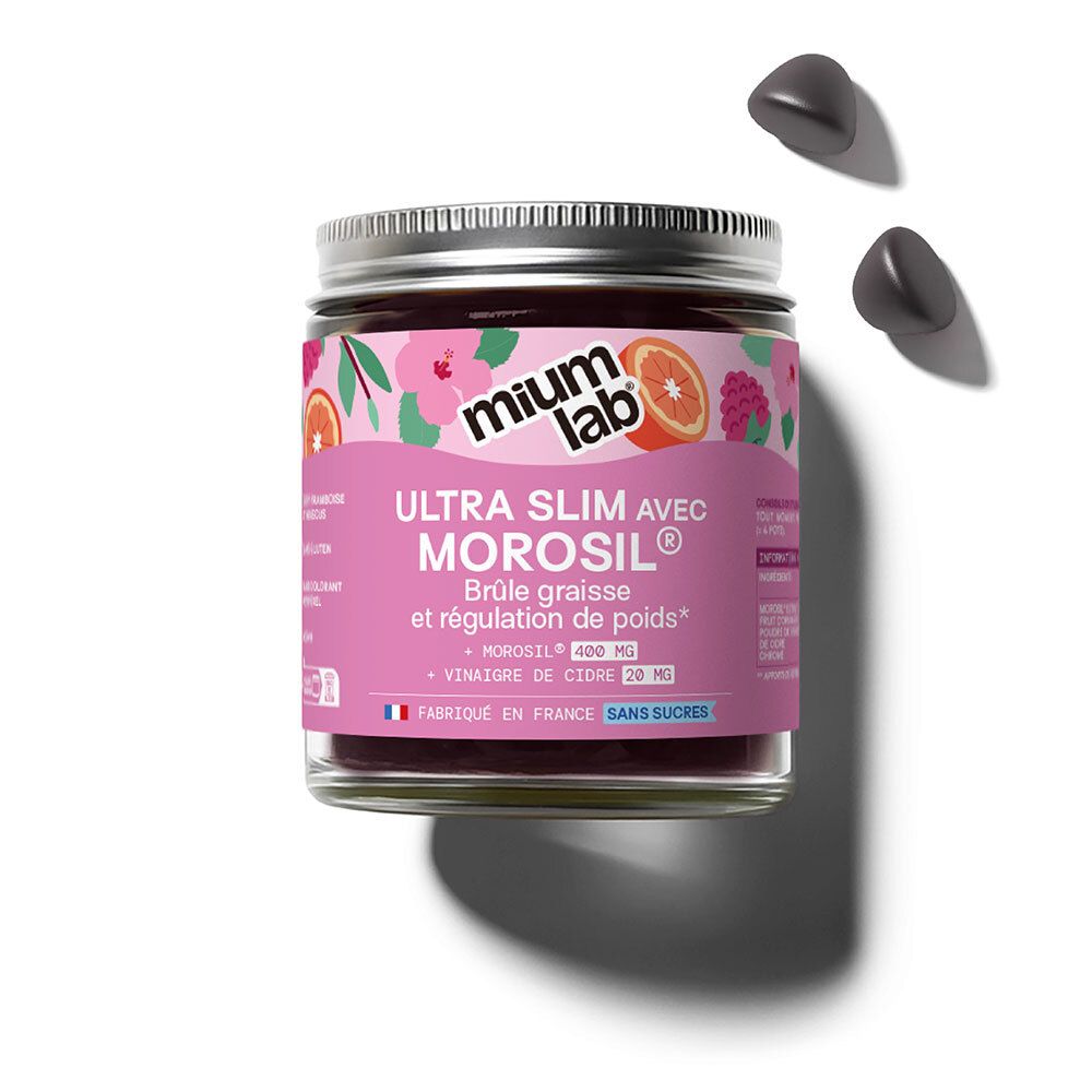Pot de gummies noirs. Étiquette rose avec texte ULTRA SLIM MOROSIL, marque Mium Lab. Avec couvercle.