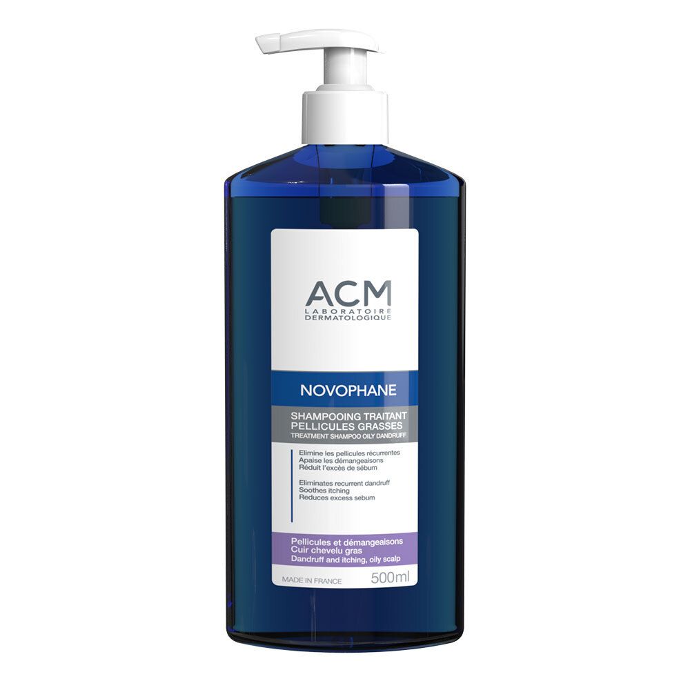 Flacon bleu avec pompe blanche. Étiquette avec nom et texte du produit. ACM Laboratoire.