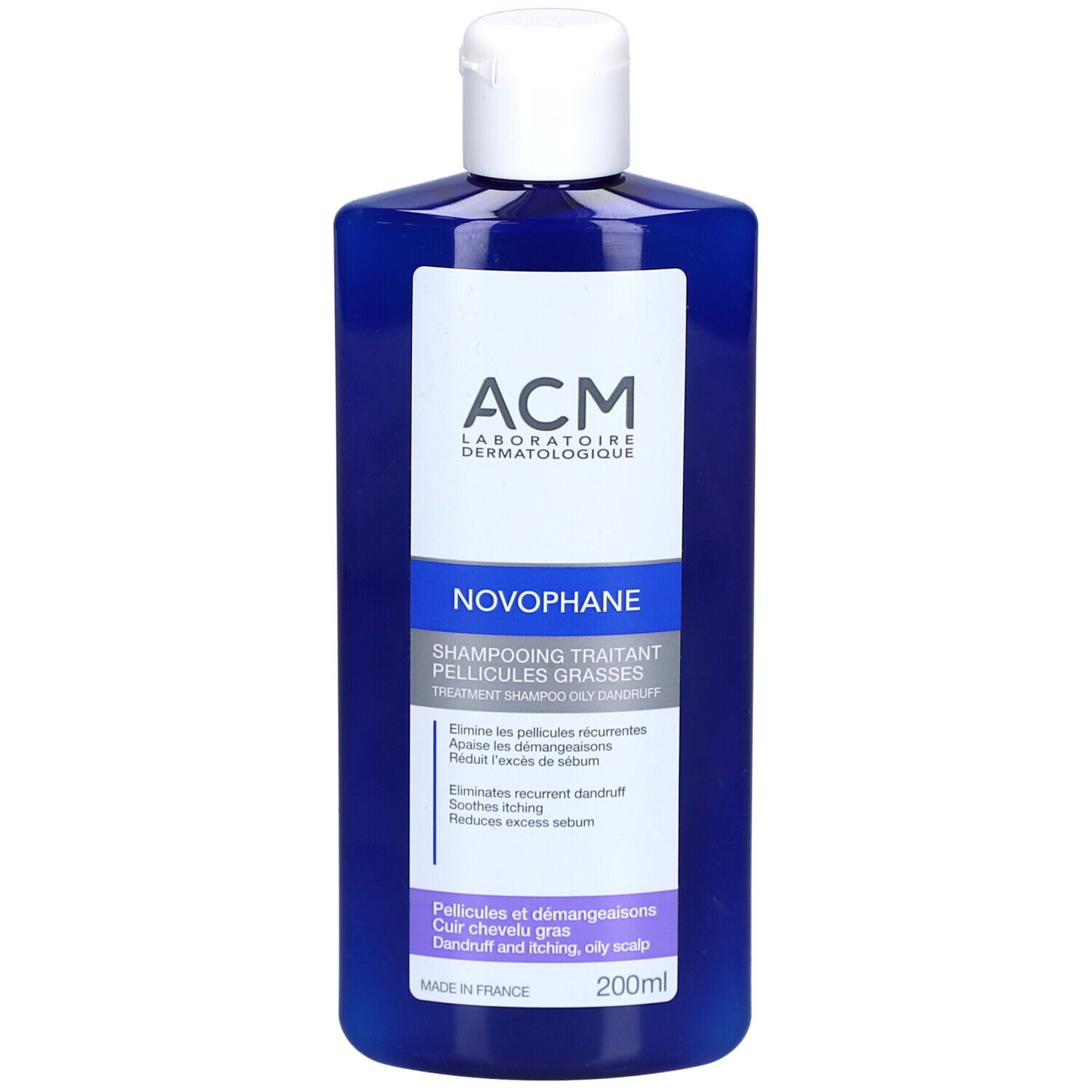 Flacon bleu avec bouchon blanc. Étiquette avec nom et texte du produit. ACM Laboratoire.