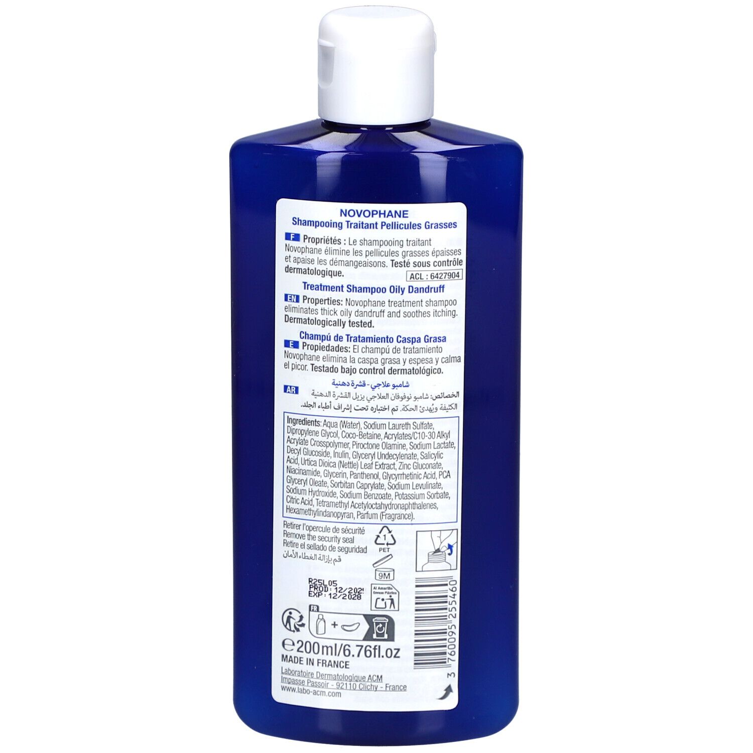 Dos d'un flacon bleu. Étiquette avec texte, ingrédients et logos. ACM Laboratoire.