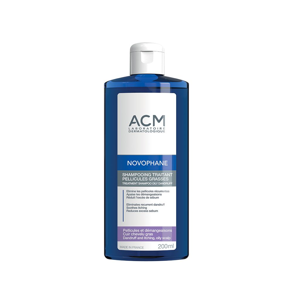 Flacon bleu avec bouchon blanc. Inscription ACM, Novophane, shampooing pellicules grasses. 200ml.