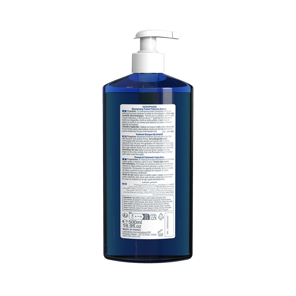 Dos d'un flacon bleu avec pompe blanche. Texte multilingue. 500ml.