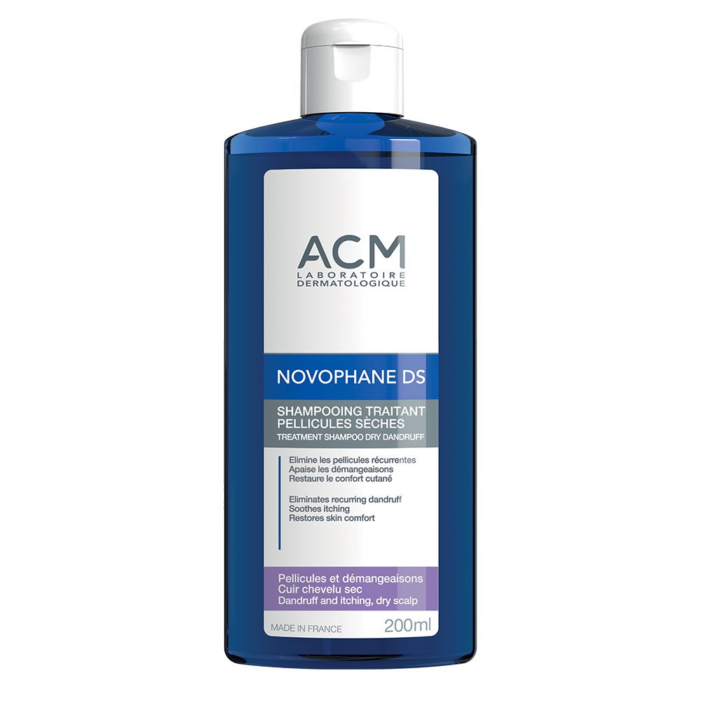 Flacon bleu avec bouchon blanc. Inscription: ACM Laboratoire Dermatologique, Novophane DS, Shampoing Traitant Pellicules sèches.