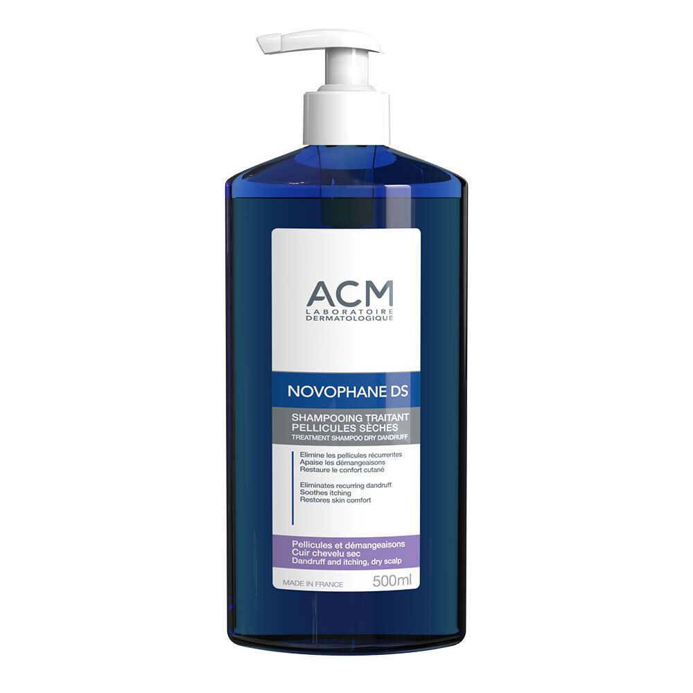 Flacon bleu avec pompe blanche. Étiquette avec nom du produit et marque ACM. Texte : "Shampooing Traitant Pellicules sèches".
