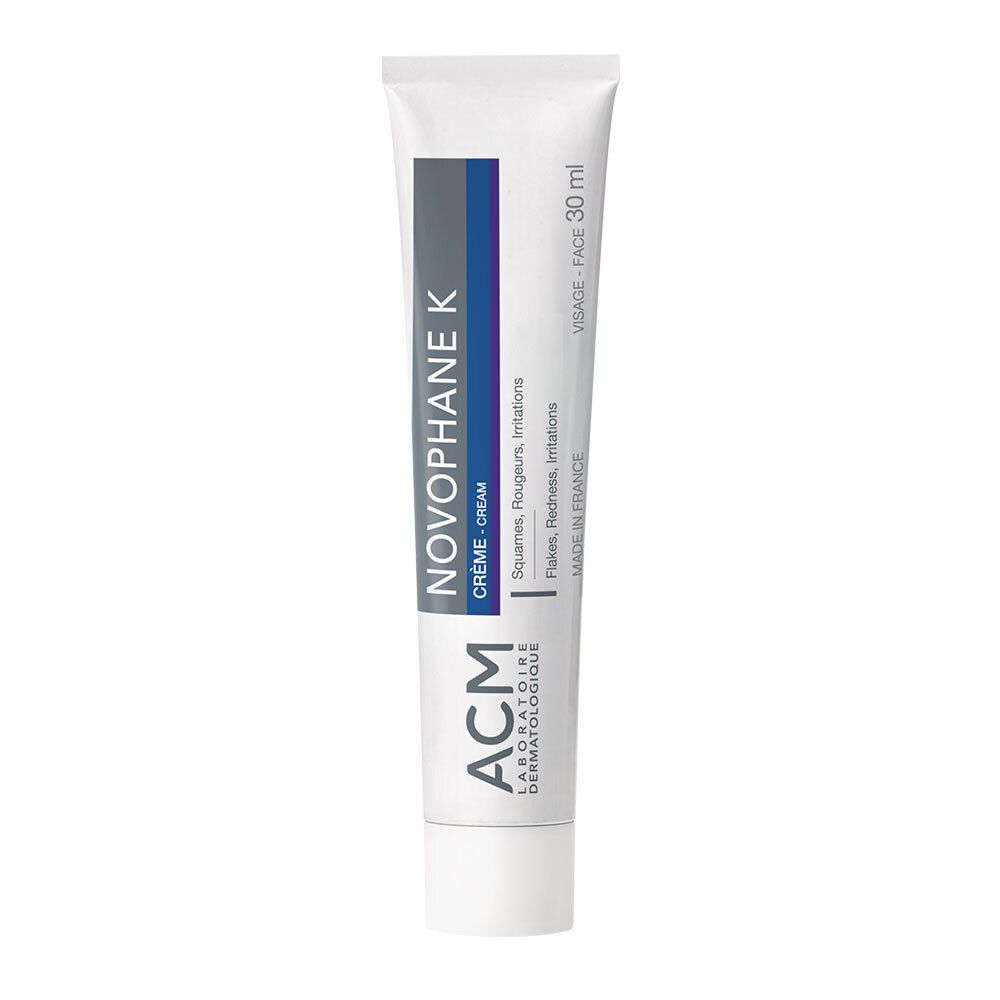 Tube blanc avec texte bleu et gris. Inscription: Novophane K Crème, ACM Laboratoire Dermatologique.