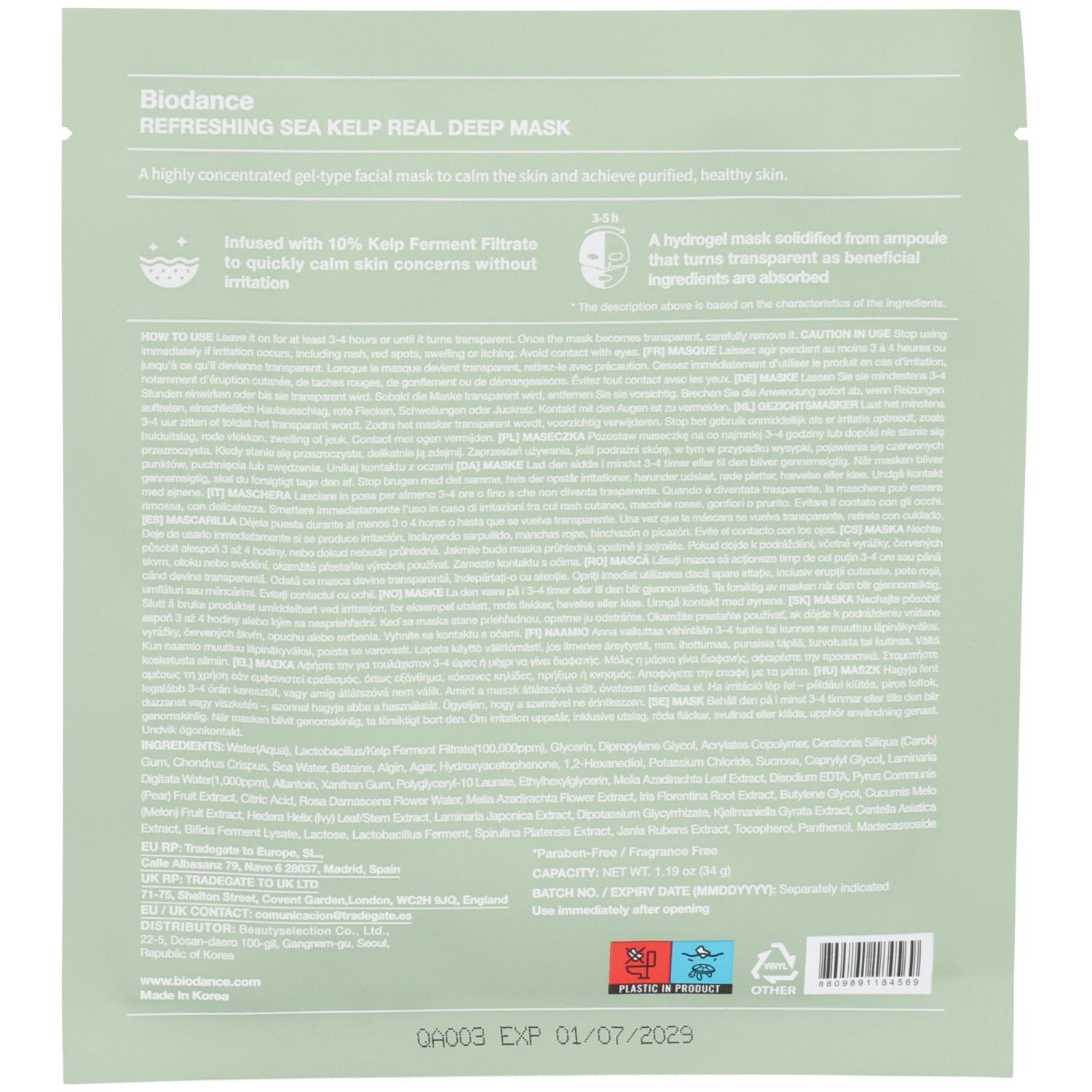 Dos de l'emballage du masque Biodance Refreshing Sea Kelp Real Deep Mask avec ingrédients et instructions.